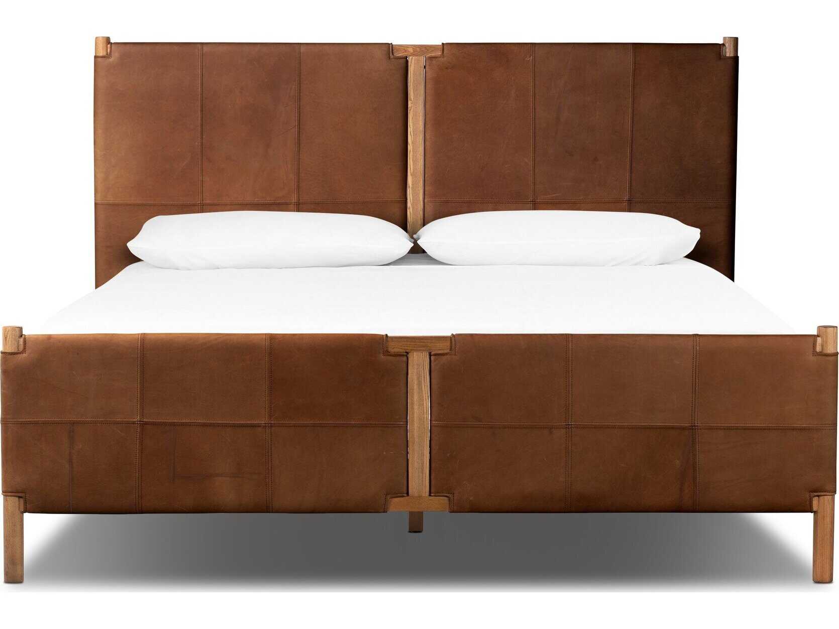 Four Hands Bolton Salado Brown Ash Wood Leather King Panel Bed