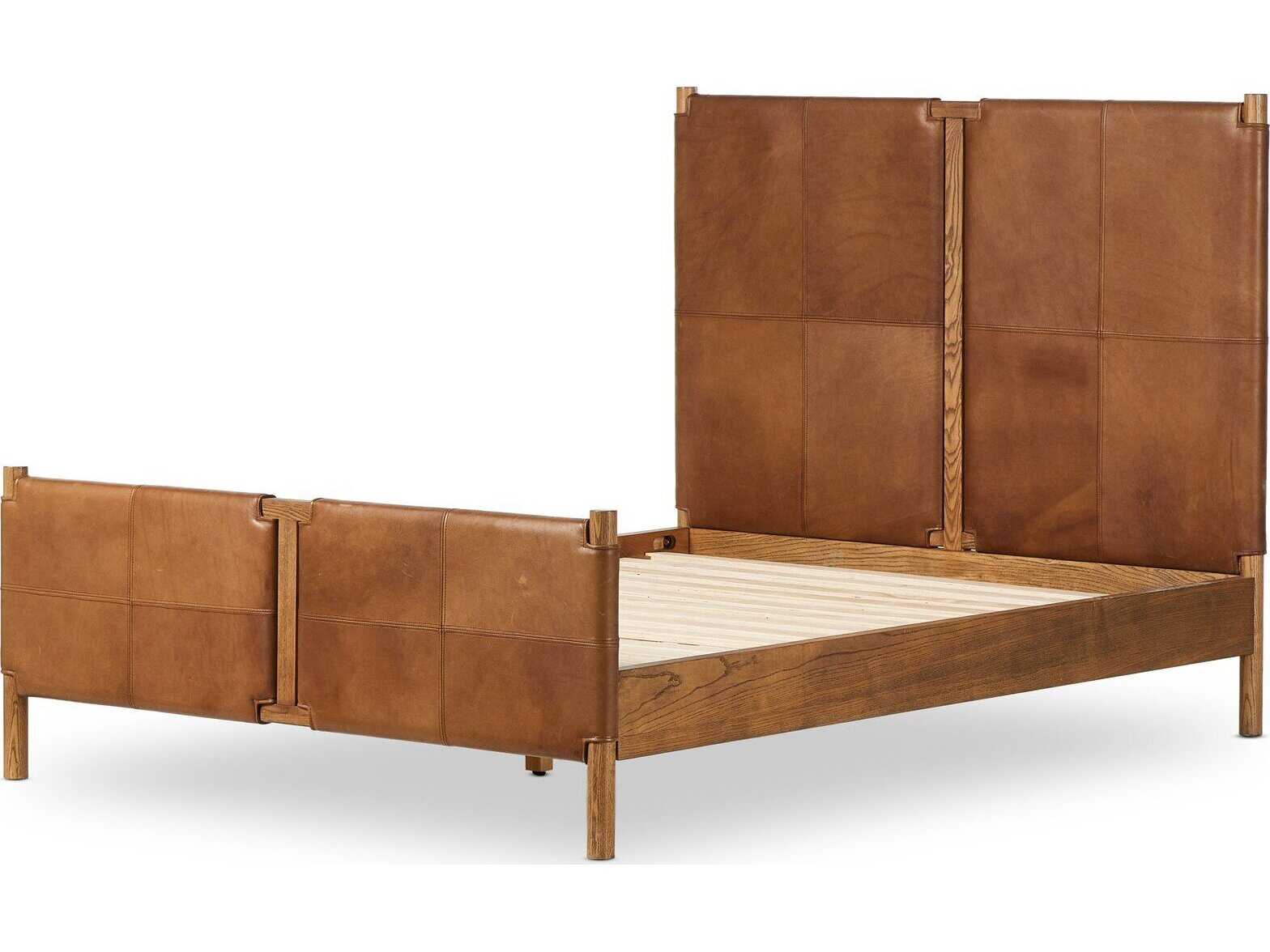 Four Hands Bolton Salado Brown Ash Wood Leather Queen Panel Bed