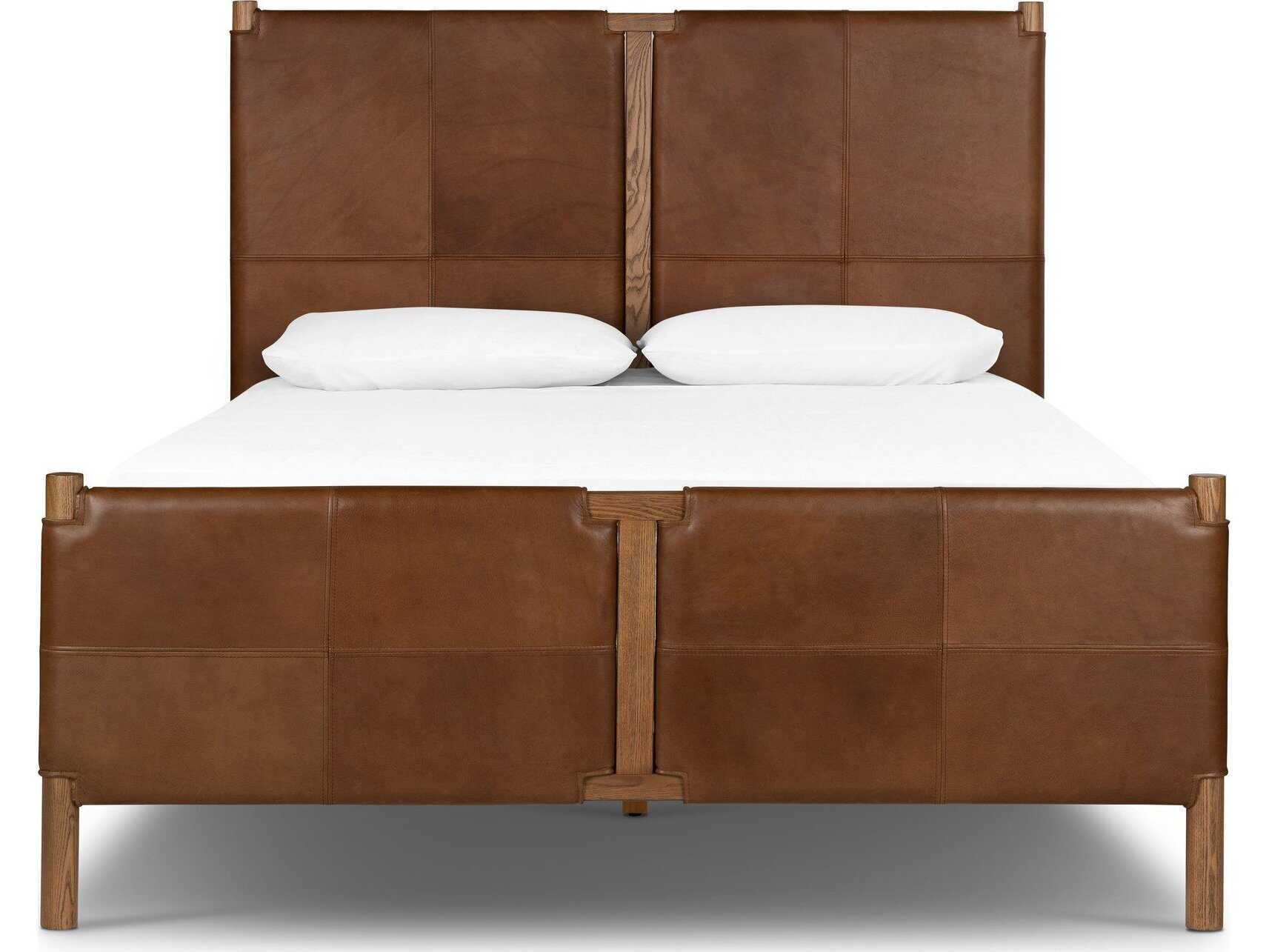 Four Hands Bolton Salado Brown Ash Wood Leather Queen Panel Bed