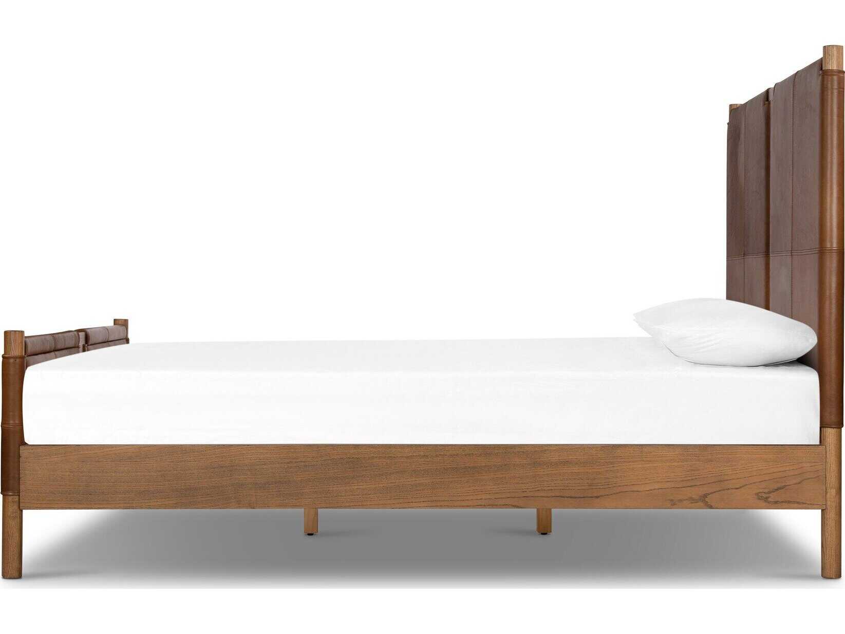 Four Hands Bolton Salado Brown Ash Wood Leather Queen Panel Bed