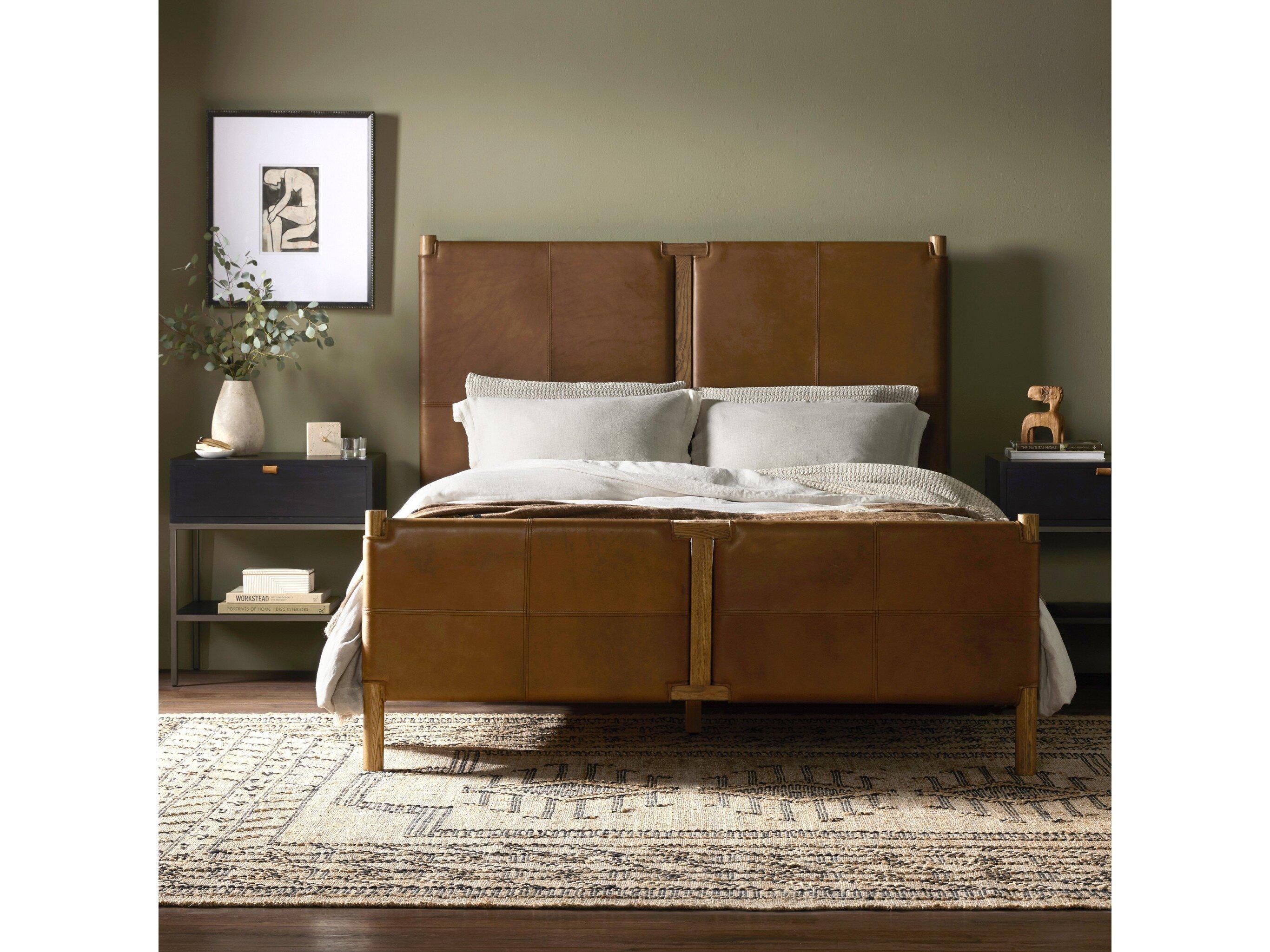 Four Hands Bolton Salado Brown Ash Wood Leather Queen Panel Bed