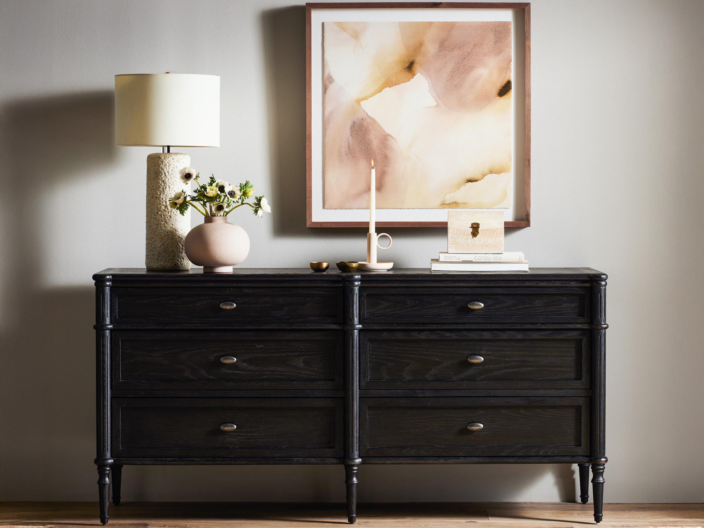 Four Hands Collins Toulouse Distressed Black Oak  Wood 6 Drawer Dresser