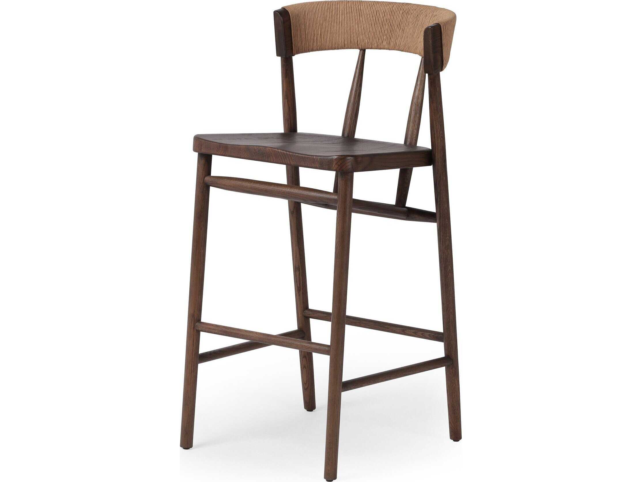 Four Hands Allston Buxton Oak Wood Drifted Natural Paper Rush Bar Stool