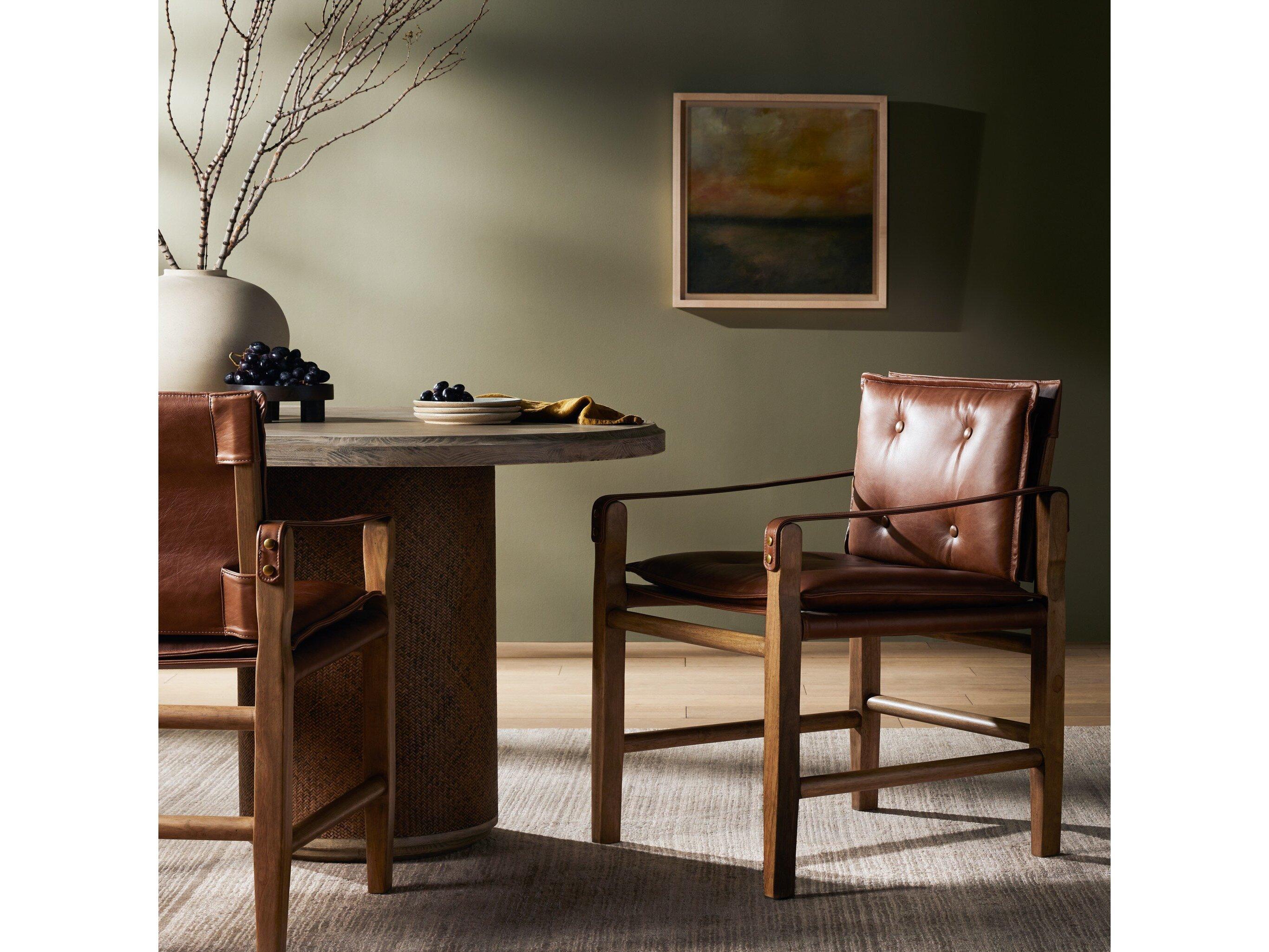 Four Hands Westgate Lenz Leather Parrawood Brown Upholstered Arm Dining Chair