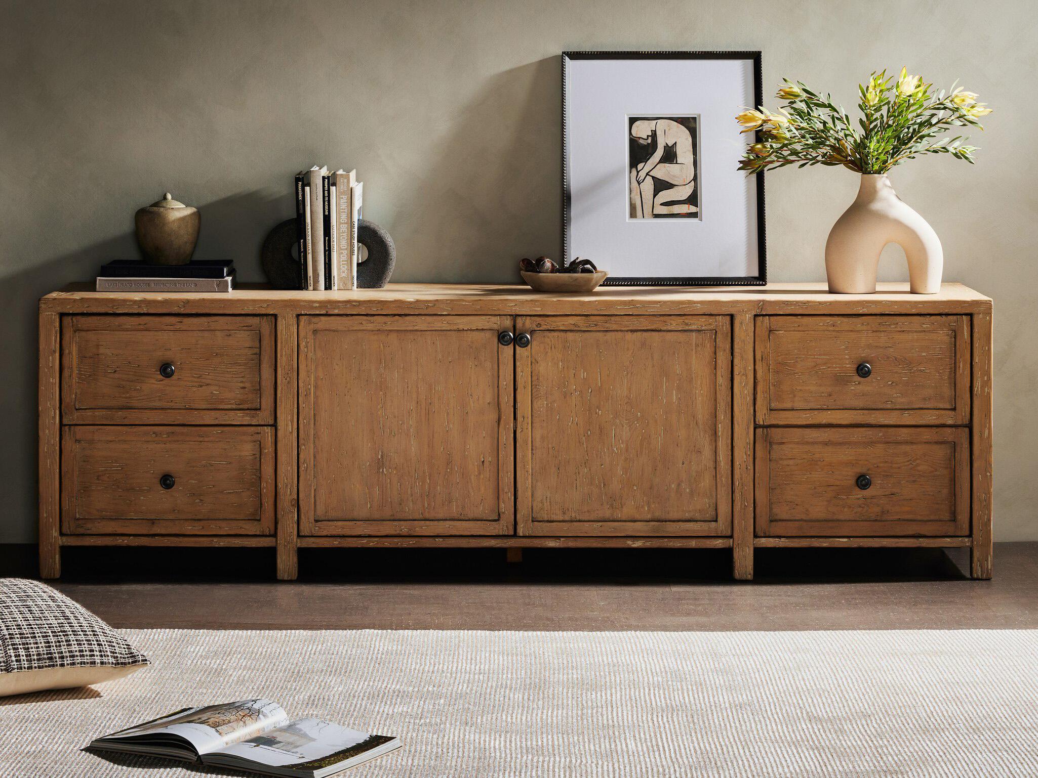 Four Hands Cordella Gaines 92" Pine Wood Aged Light Distressed Copper Media Console