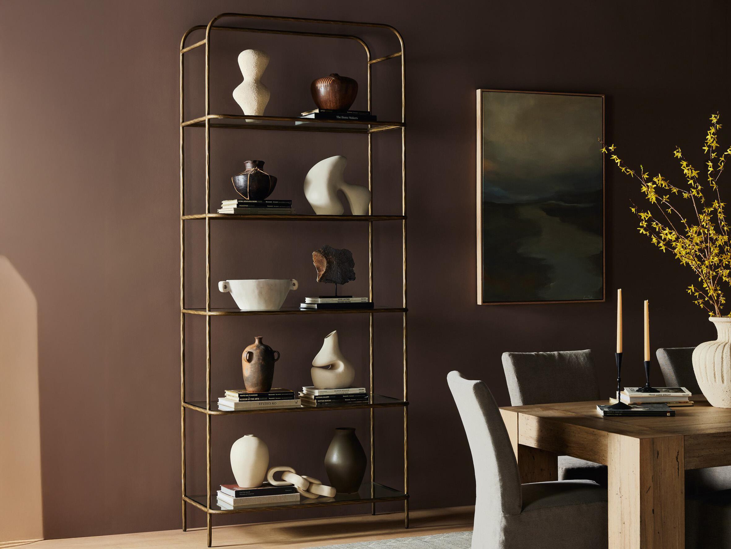 Four Hands Element Hammered Aged Brass Clear Glass Bookcase