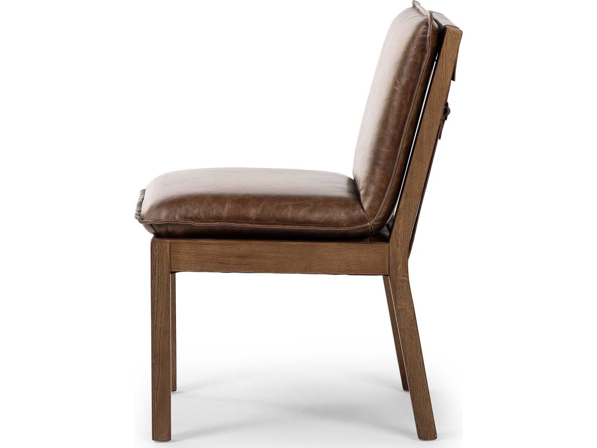 Four Hands Ashford Oak Wood Brown Leather Side Dining Chair