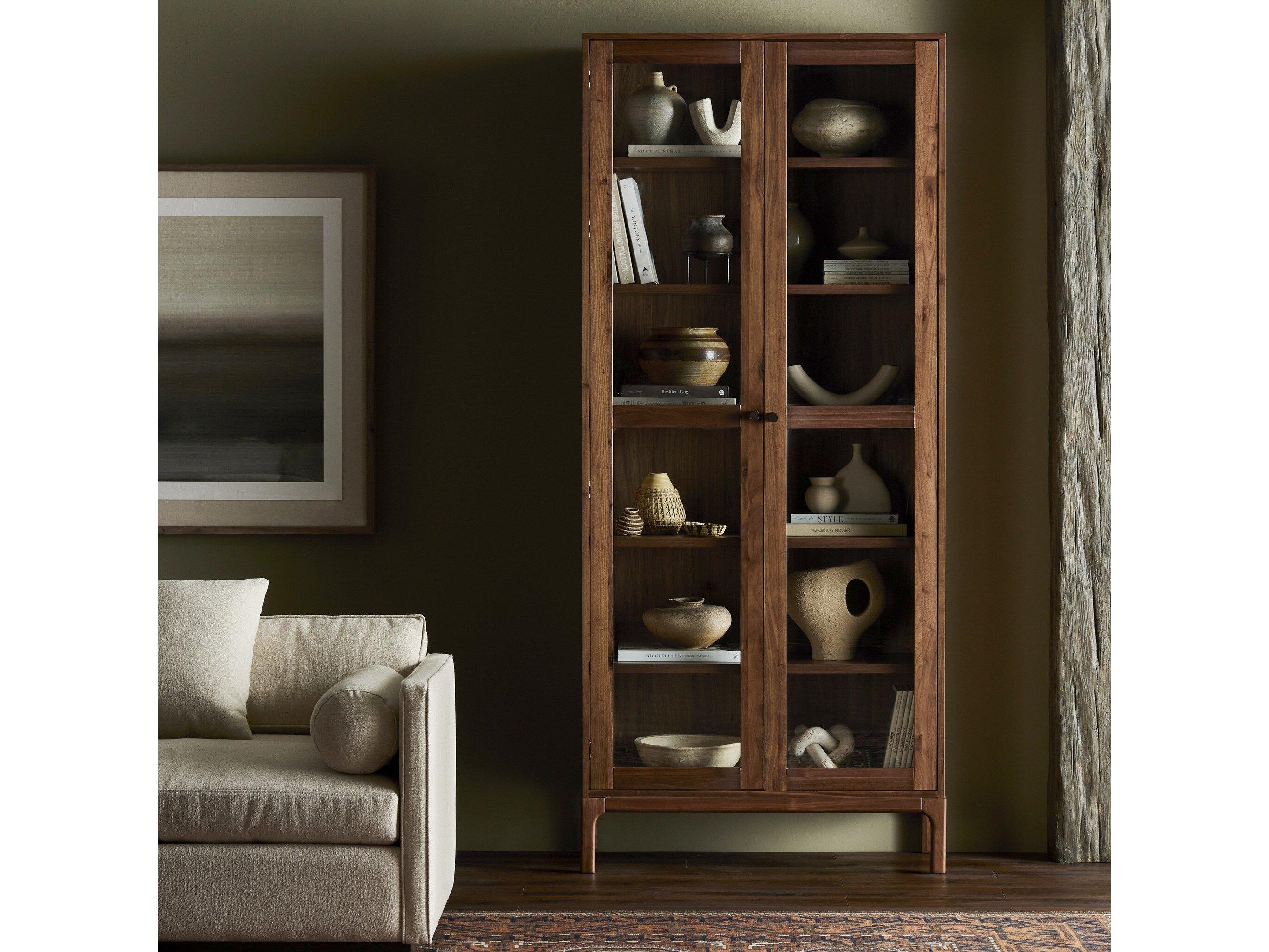 Four Hands Wallis Arturo Walnut Wood Natural Veneer Tempered Glass Display Cabinet