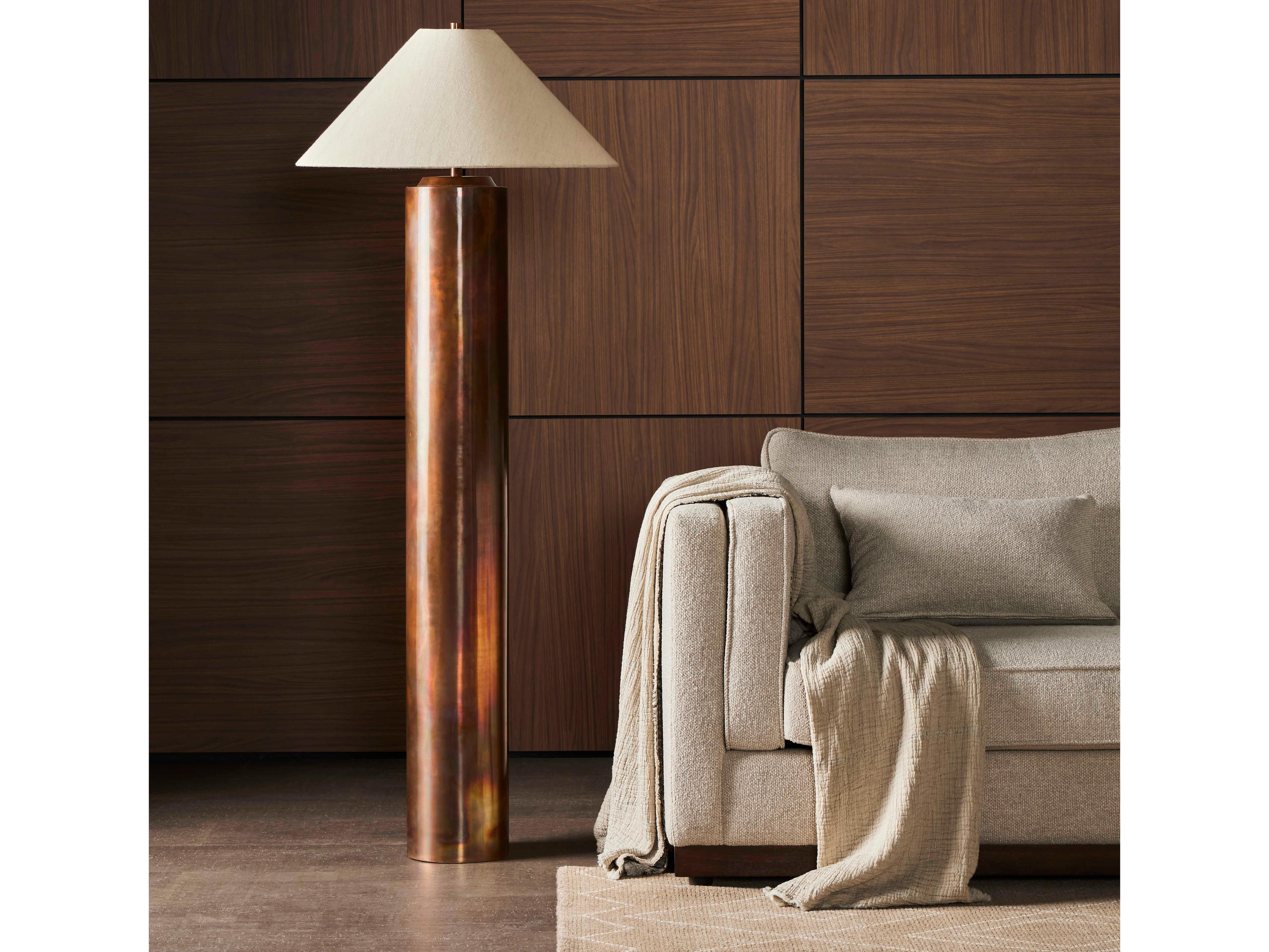 Four Hands Asher Iridescent Acid Wash Cream Slub Linen Brown LED Floor Lamp