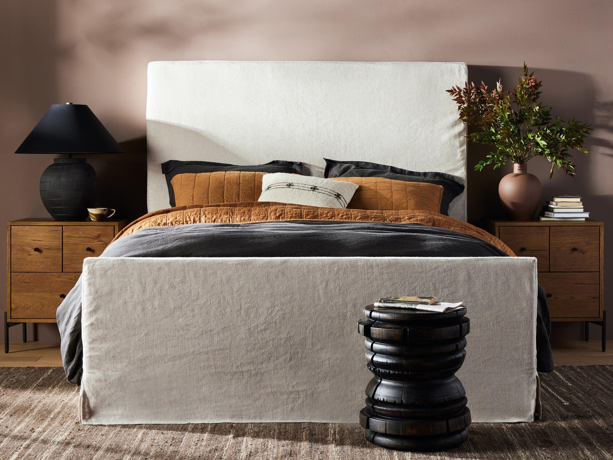 Four Hands Kensington Daphne Brussels Natural Almond Beige Parrawood Upholstered King Panel Bed