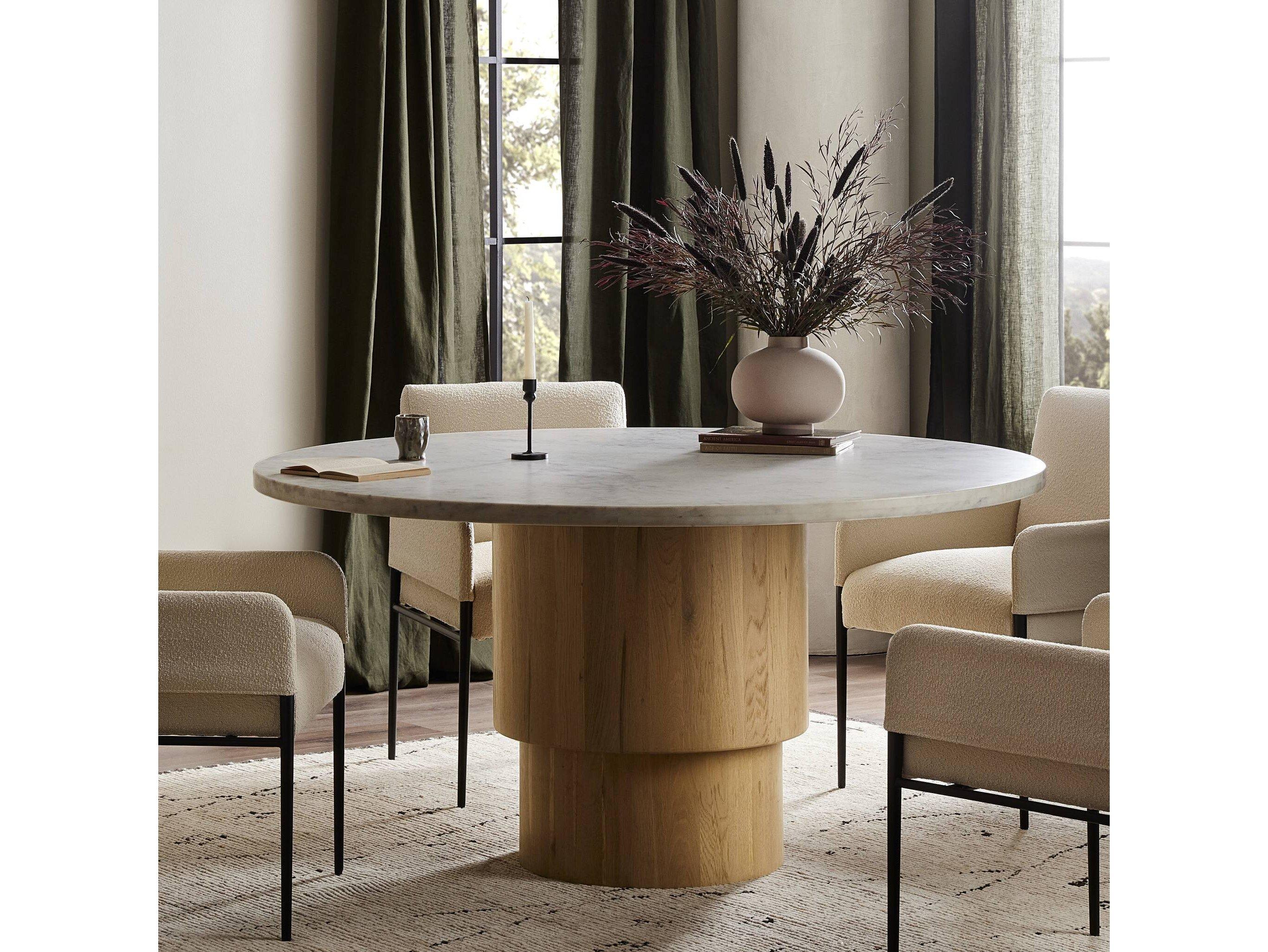 Four Hands Leighton Round White Marble Light Blonde Oak Dining Table