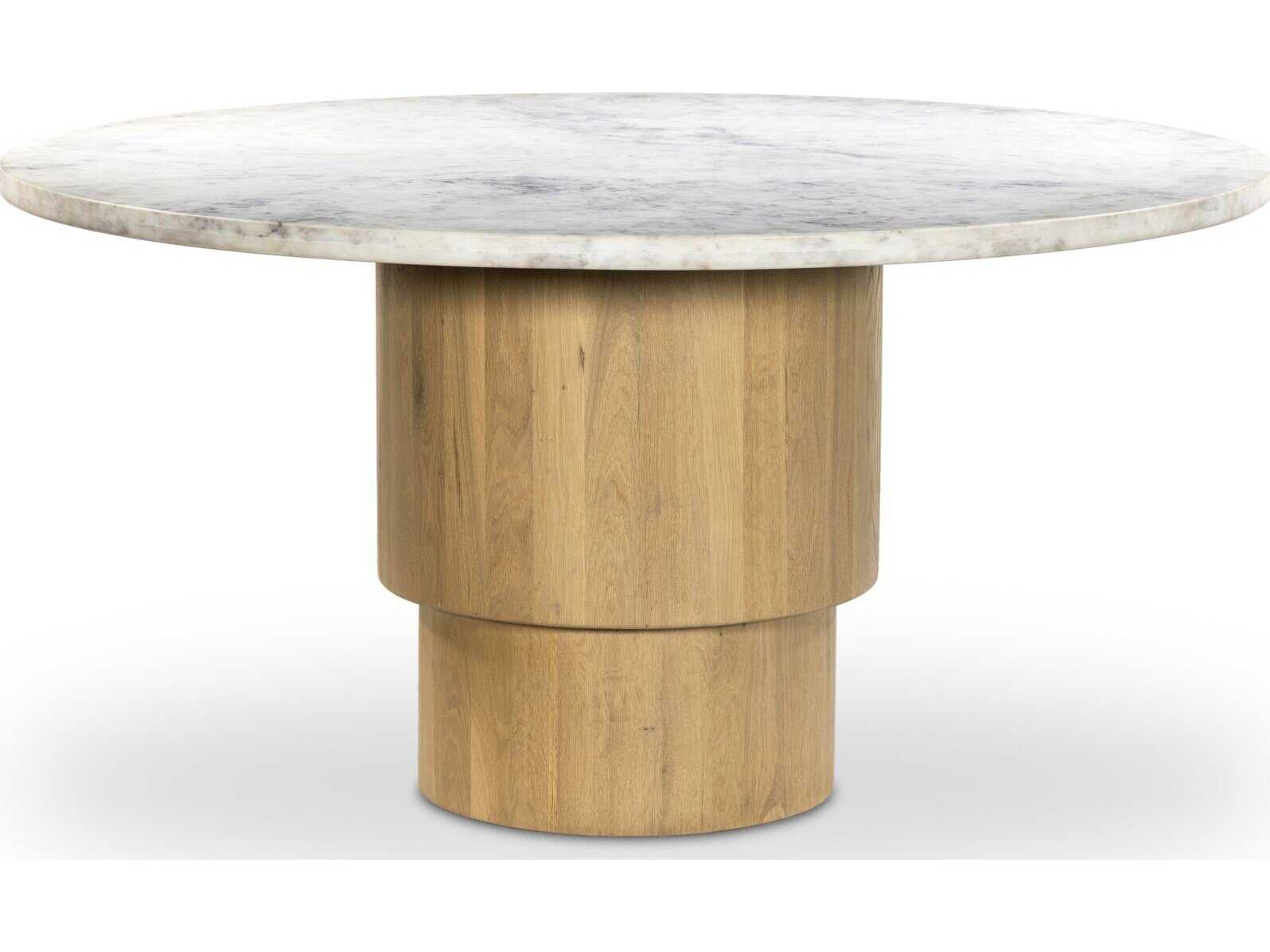 Four Hands Leighton Round White Marble Light Blonde Oak Dining Table