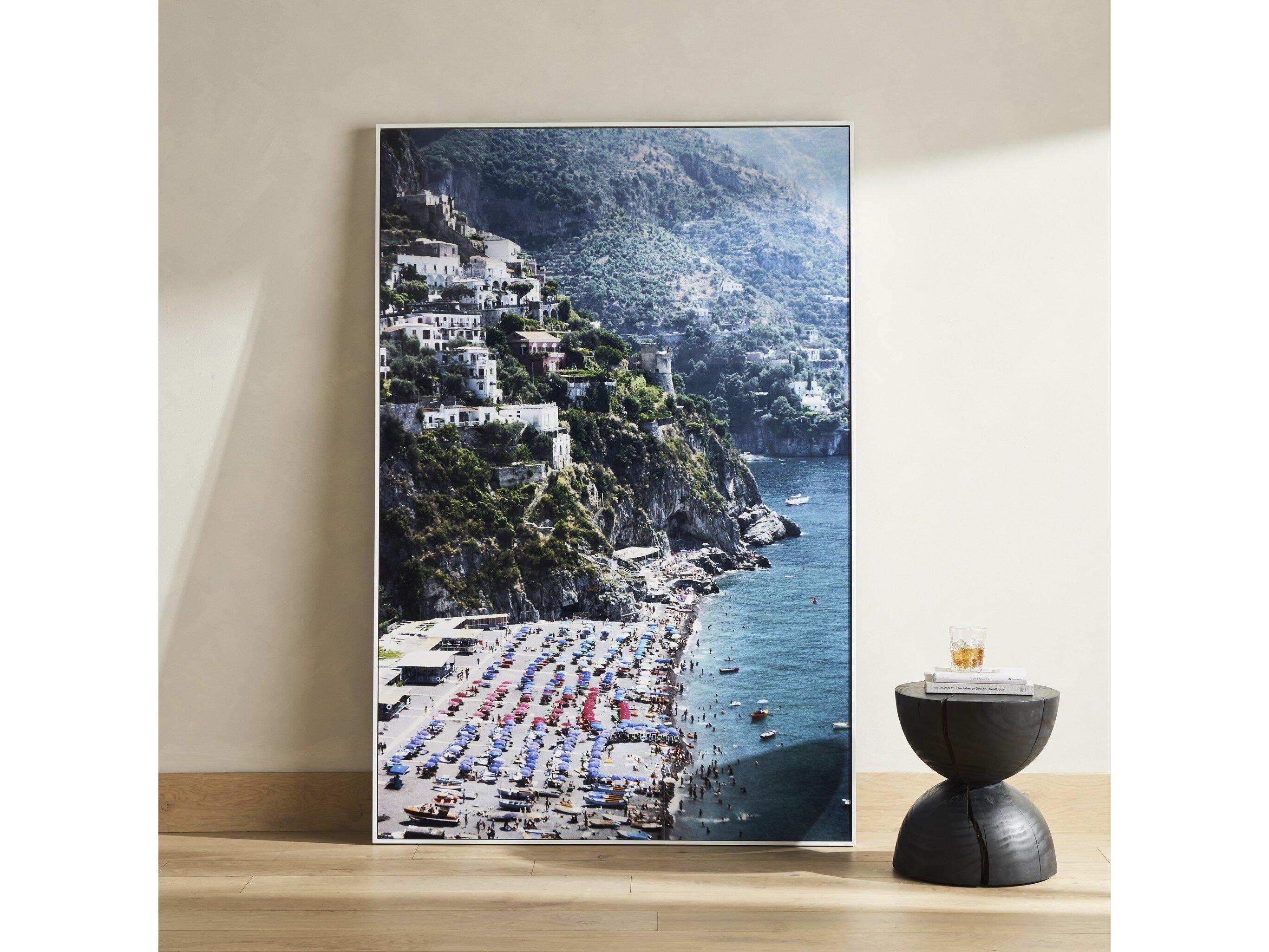 Four Hands Art Studio Beach In Positano by Slim Aarons White Maple Floater  Canvas Wall Art