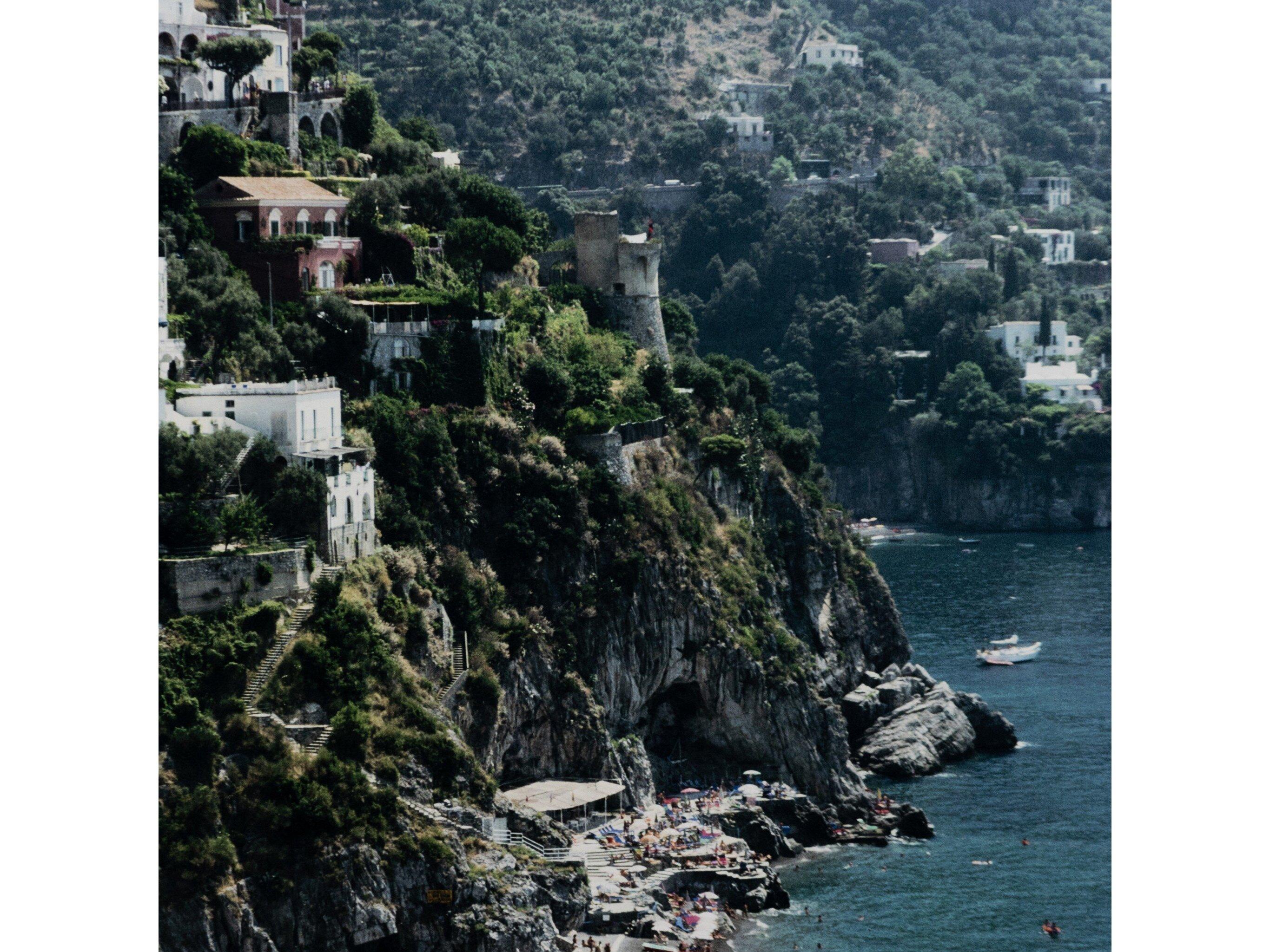 Four Hands Art Studio Beach In Positano by Slim Aarons White Maple Floater  Canvas Wall Art