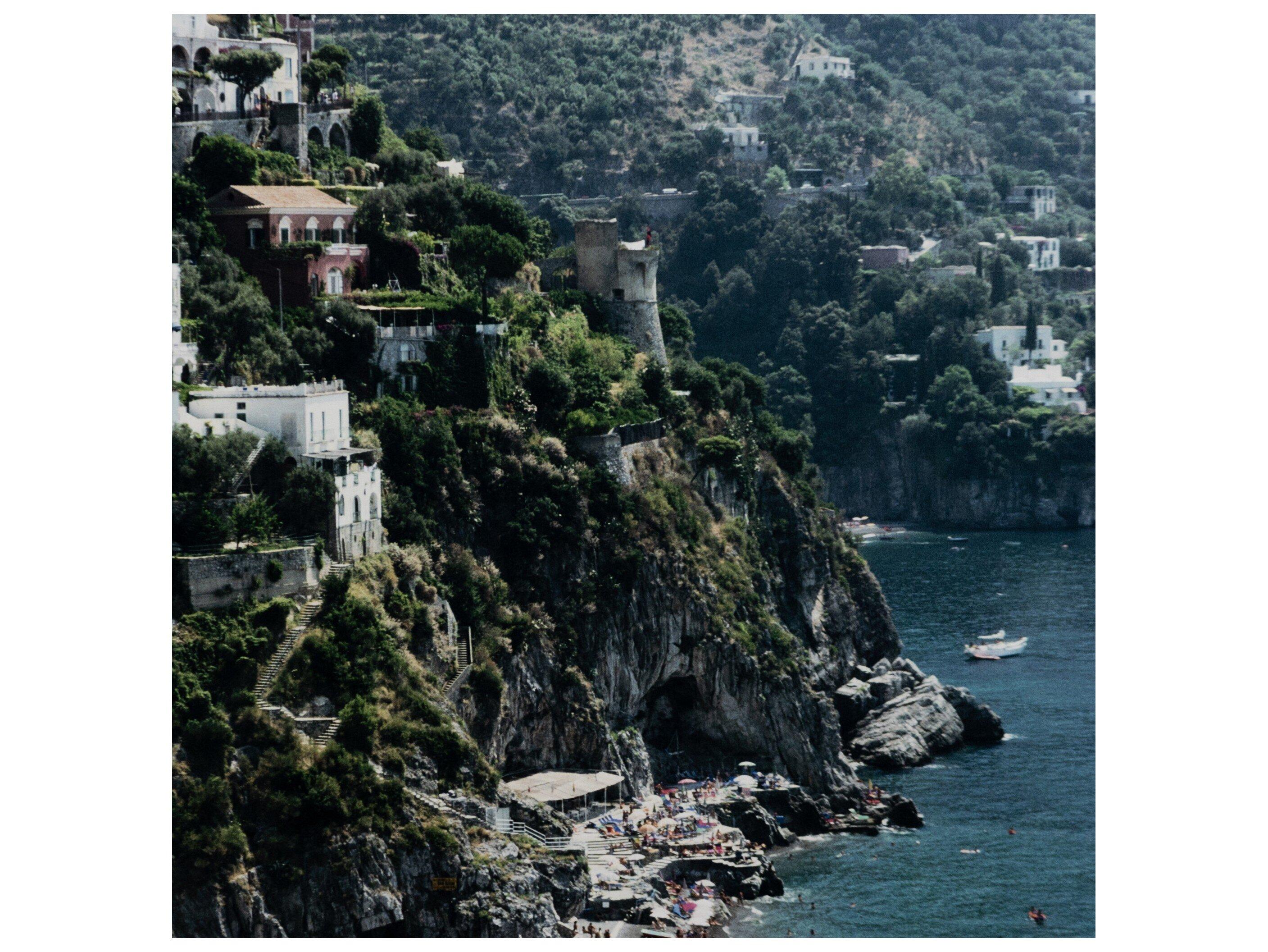 Four Hands Art Studio Beach In Positano by Slim Aarons White Maple Floater  Canvas Wall Art