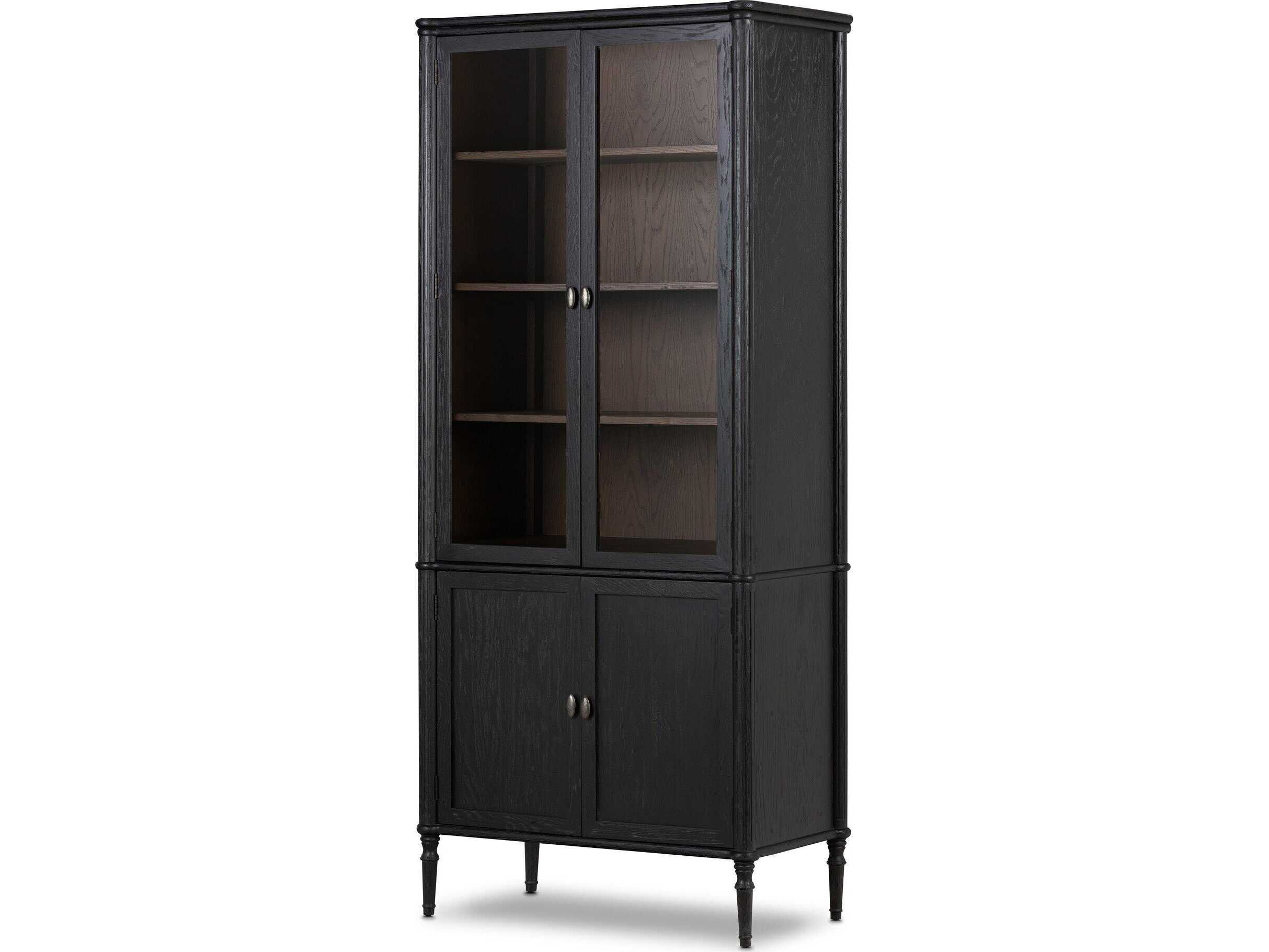 Four Hands Collins Toulouse Oak Wood Distressed Black Honey Grey Aged Brass Display Cabinet