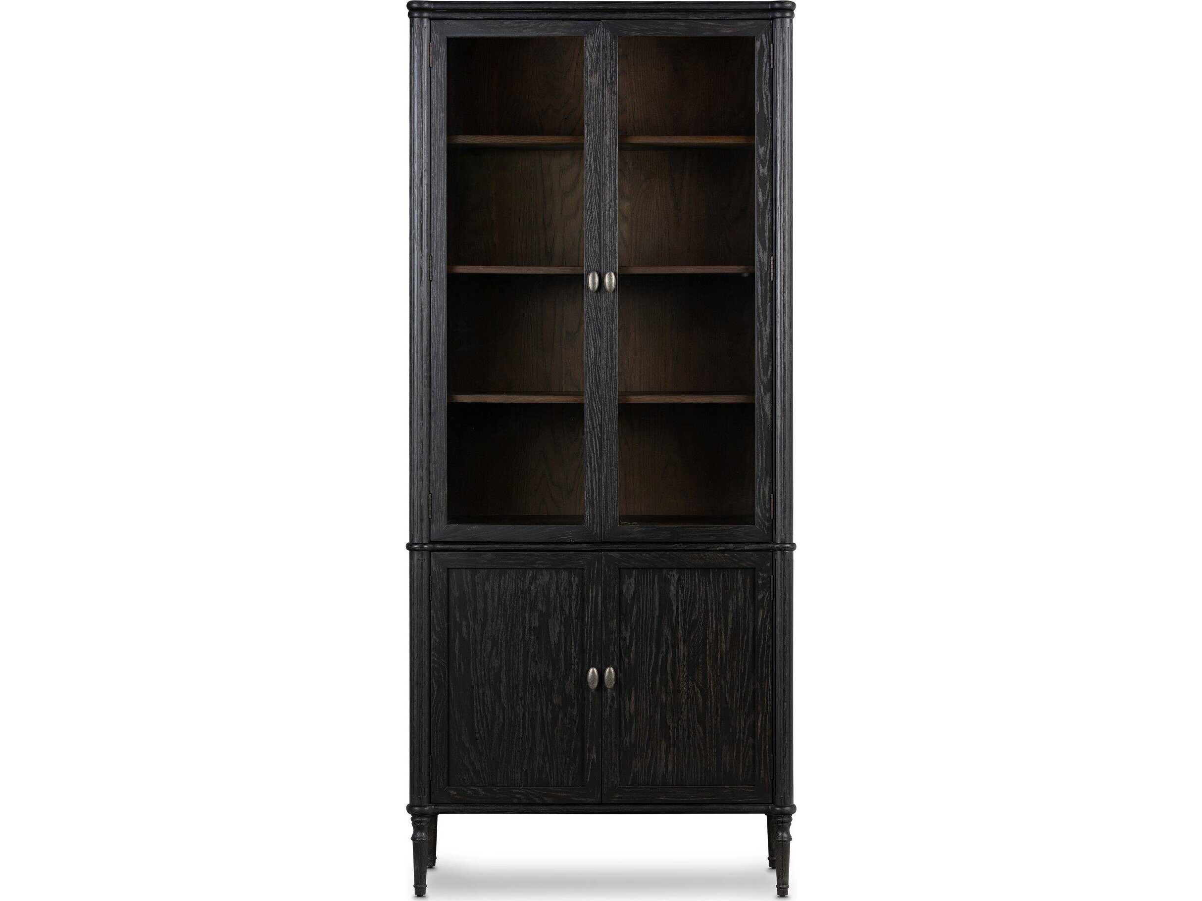 Four Hands Collins Toulouse Oak Wood Distressed Black Honey Grey Aged Brass Display Cabinet