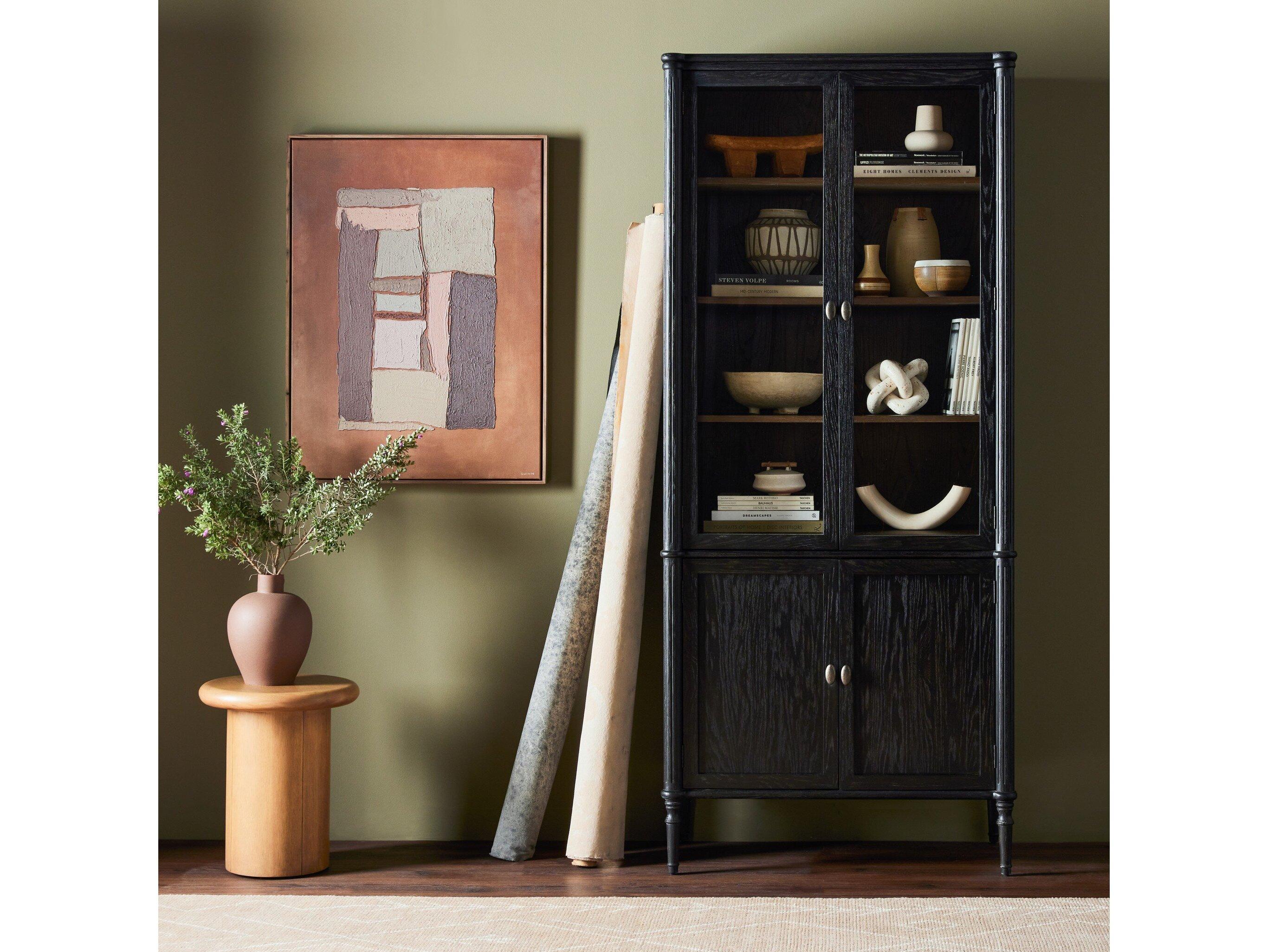 Four Hands Collins Toulouse Oak Wood Distressed Black Honey Grey Aged Brass Display Cabinet