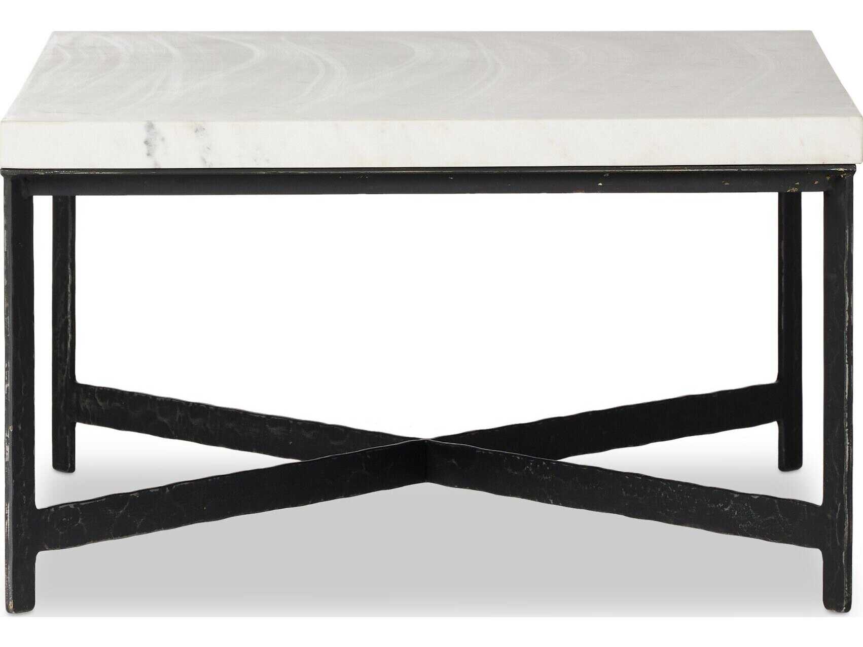 Four Hands Element Rectangular White Marble Hammered Black Iron Coffee Table
