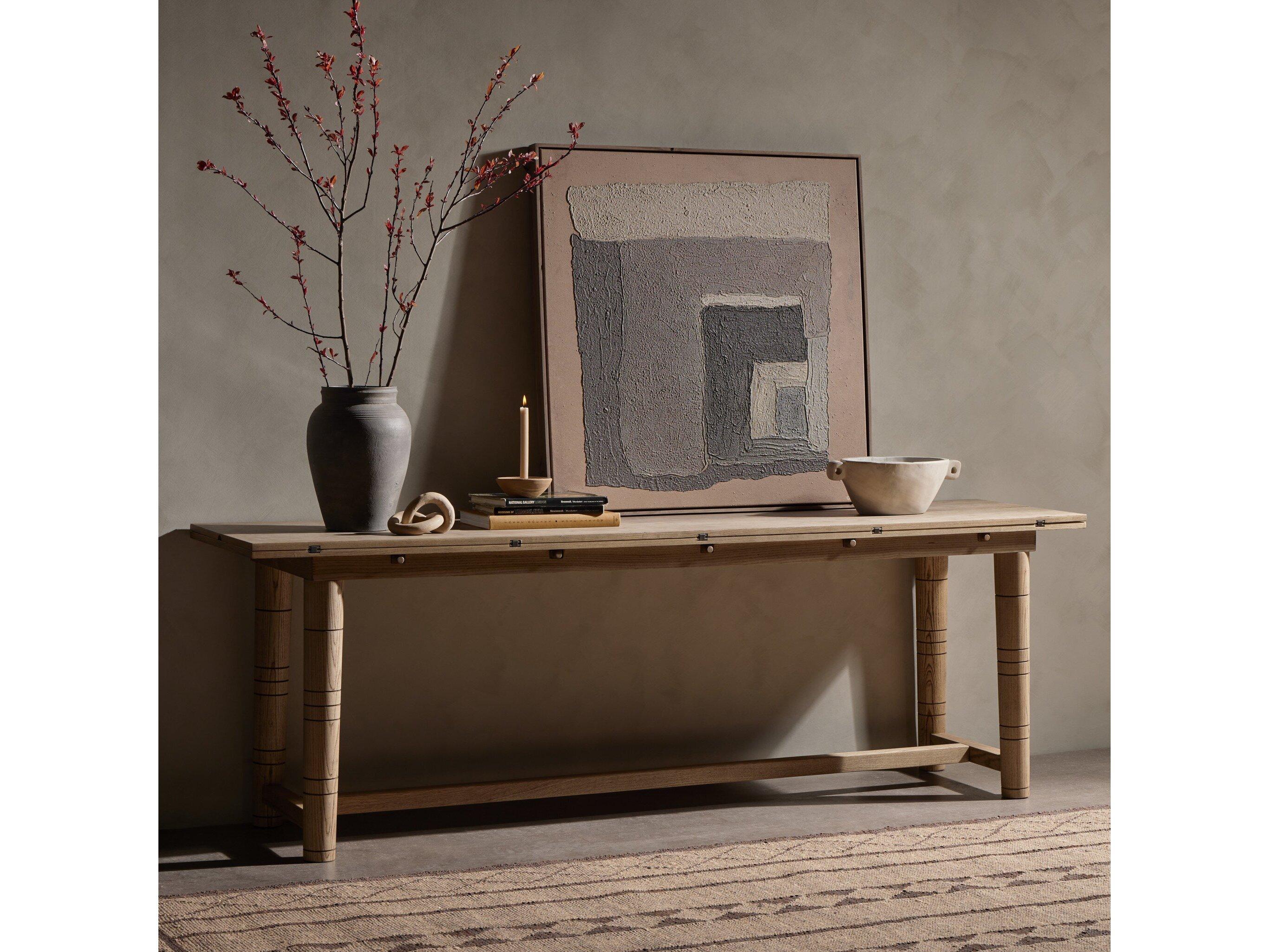 Four Hands Allston Flip Top Rectangular Wood Antique Brass Toasted Ash Console Table