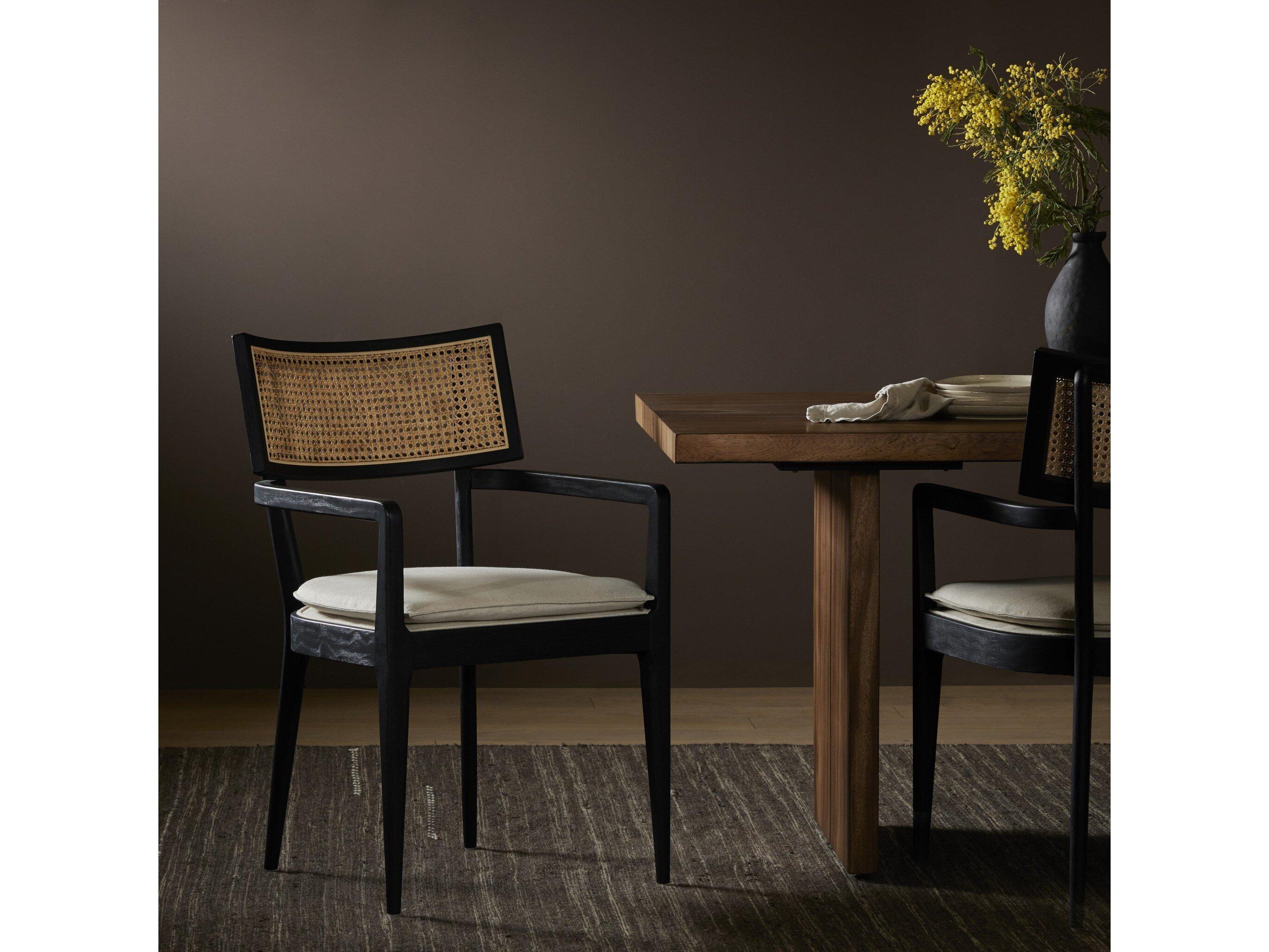 Four Hands Caswell Britt Solid Wood Ebony Upholstered Arm Dining Chair