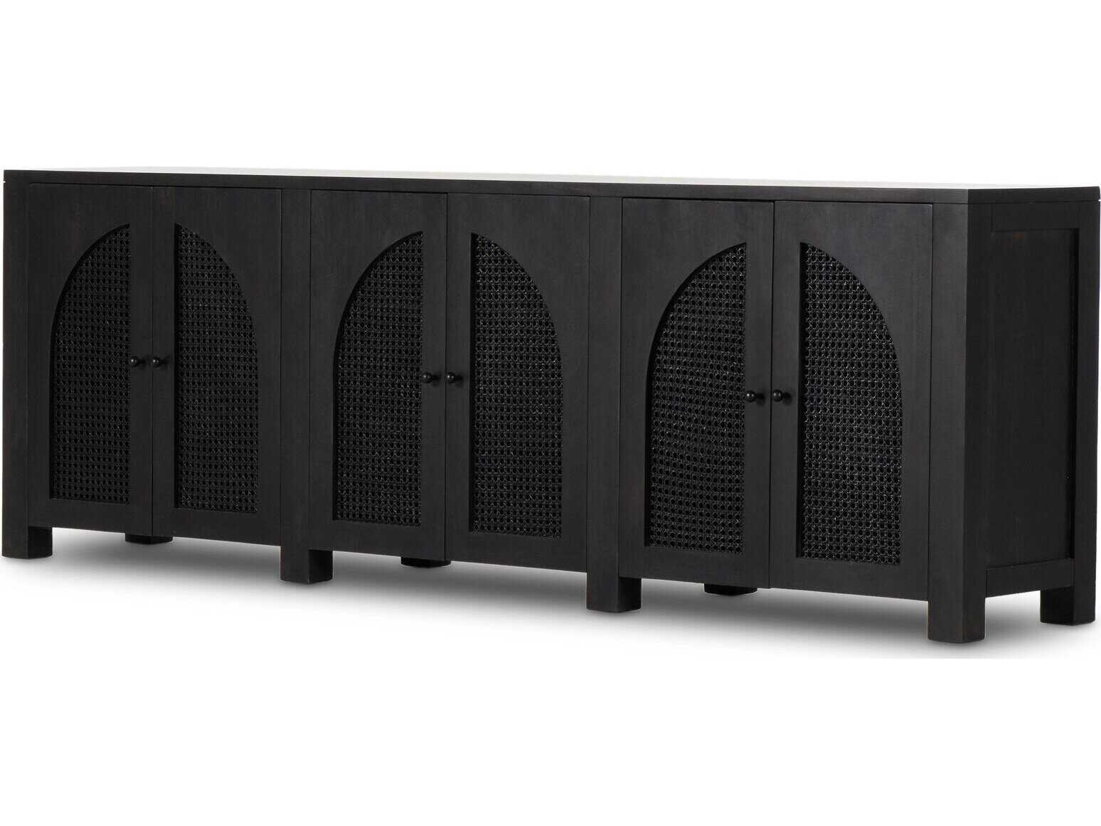 Four Hands Leighton Tilda 98" Mango Wood Black Wash Iron Circle Cane Sideboard
