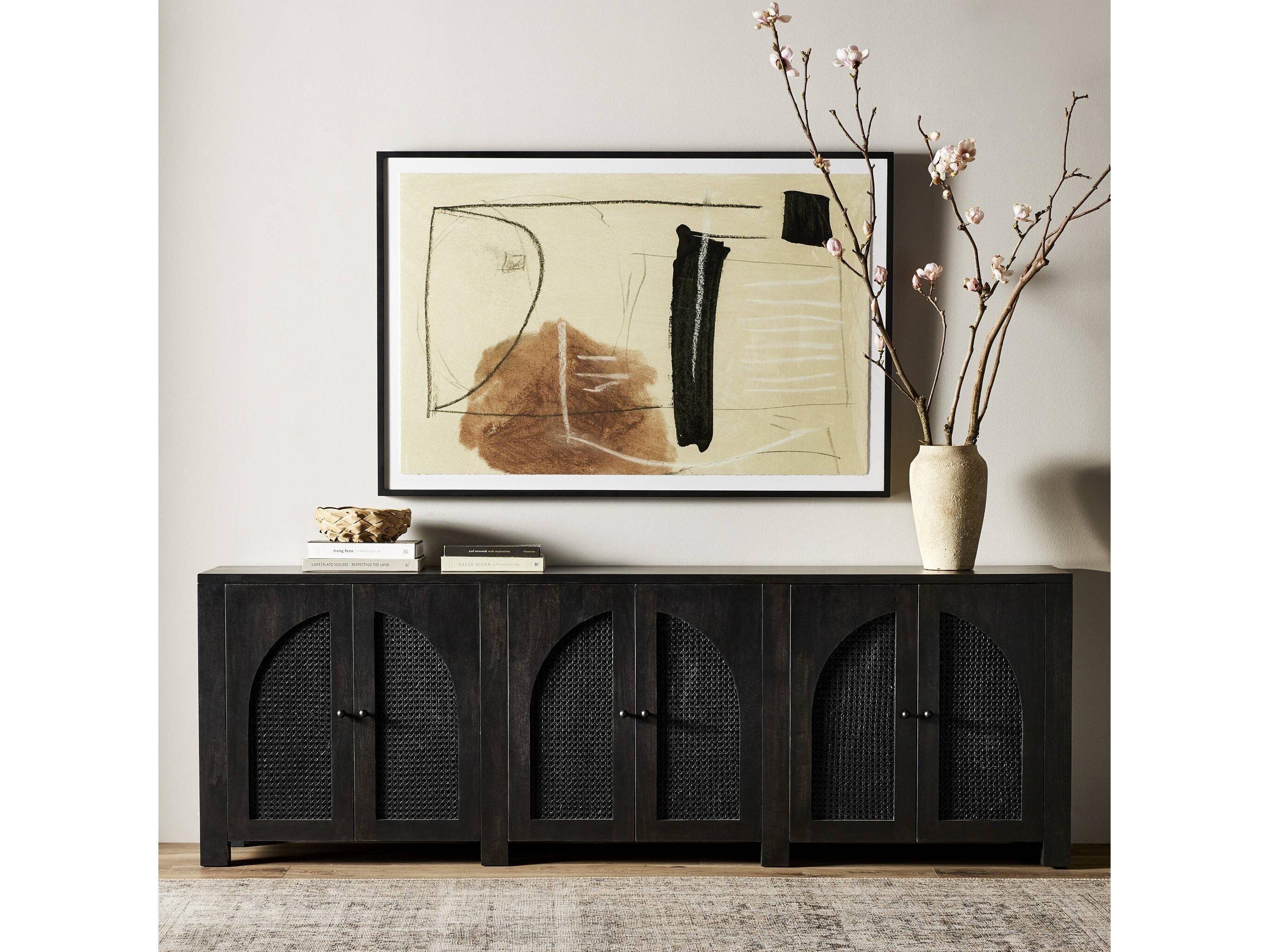 Four Hands Leighton Tilda 98" Mango Wood Black Wash Iron Circle Cane Sideboard