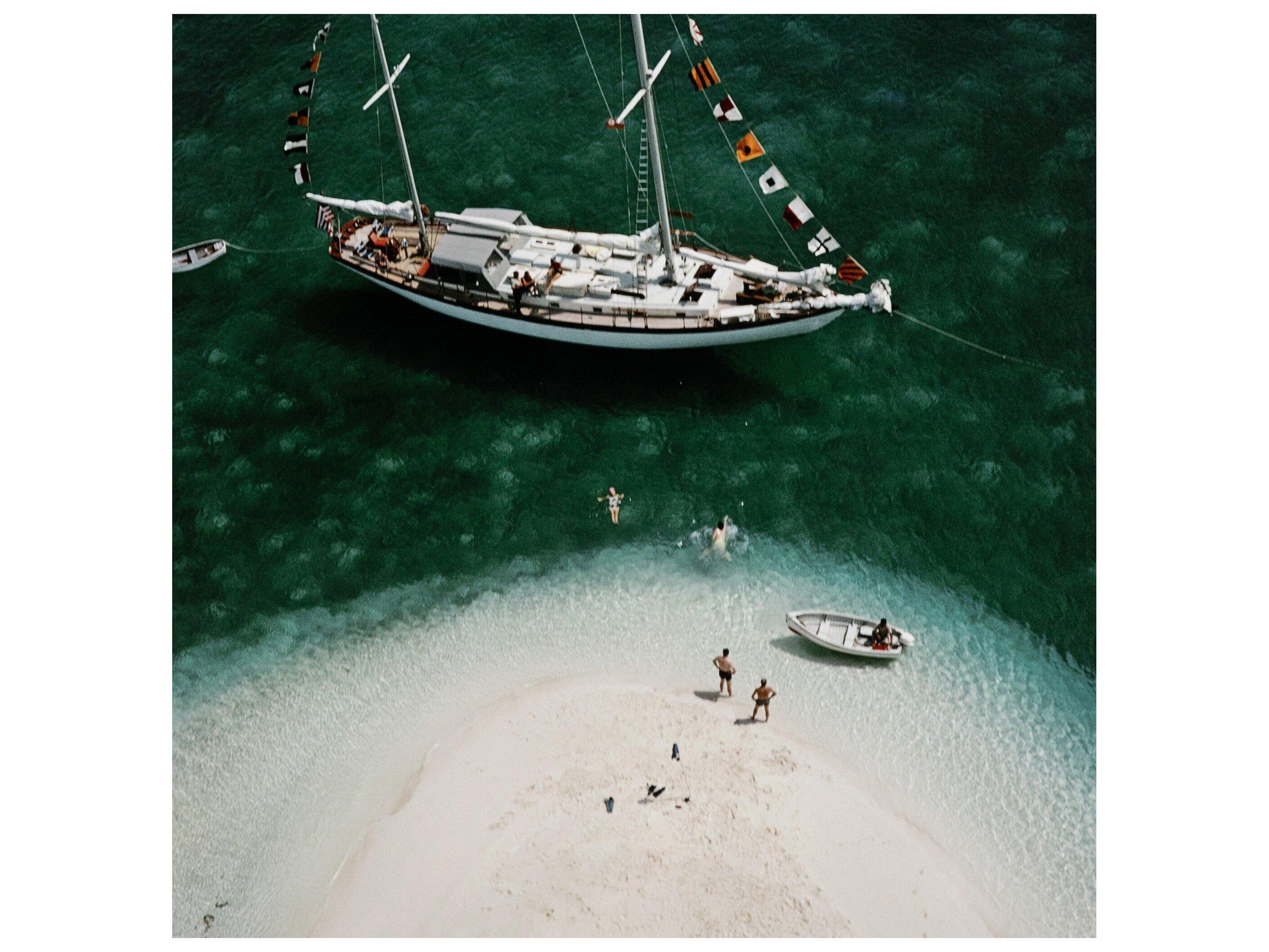 Four Hands Art Studio Charter Ketch by Slim Aarons White Maple Floater  Canvas Wall Art