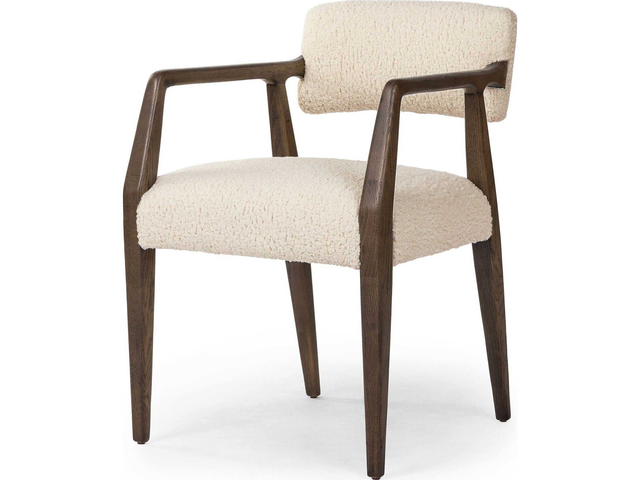 Four Hands Abbott Tyler Fabric Oak Wood White Upholstered Arm Dining Chair