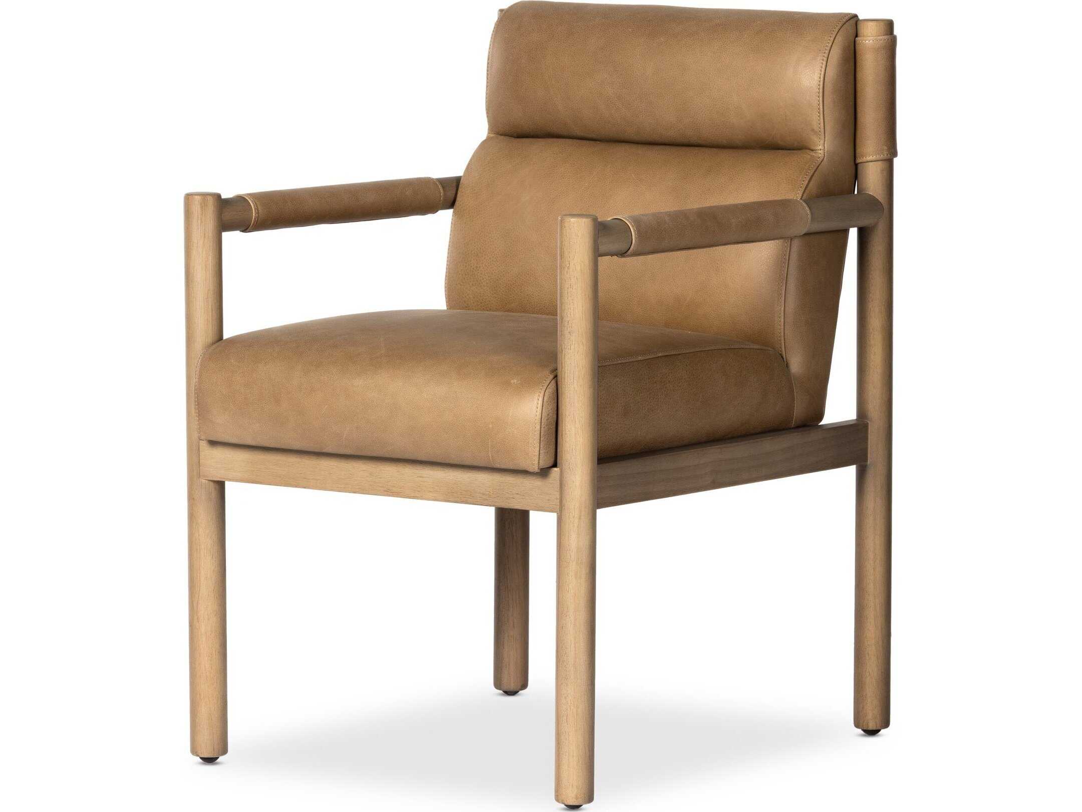 Four Hands Caswell Kiano Leather Parrawood Brown Upholstered Arm Dining Chair