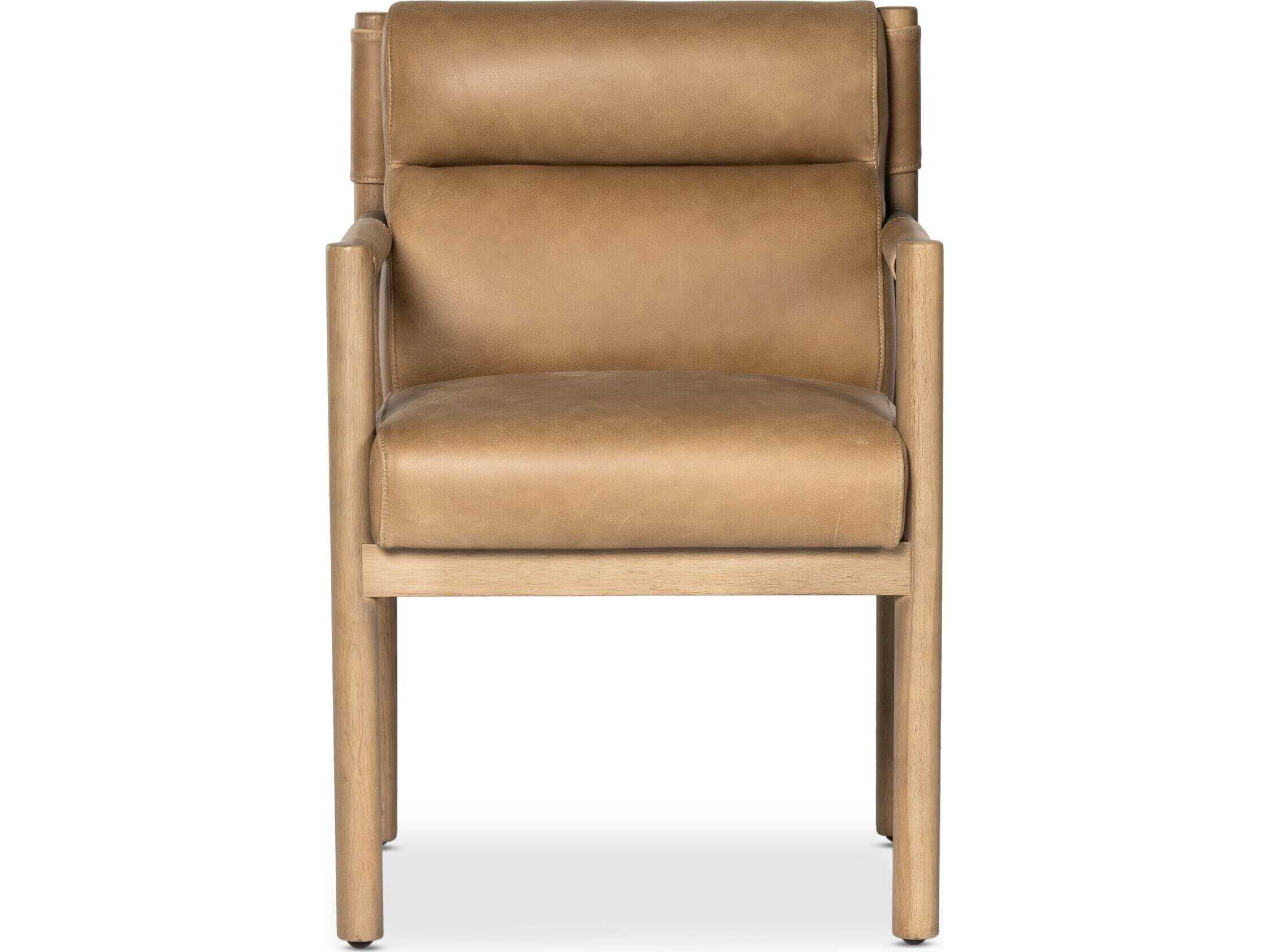Four Hands Caswell Kiano Leather Parrawood Brown Upholstered Arm Dining Chair