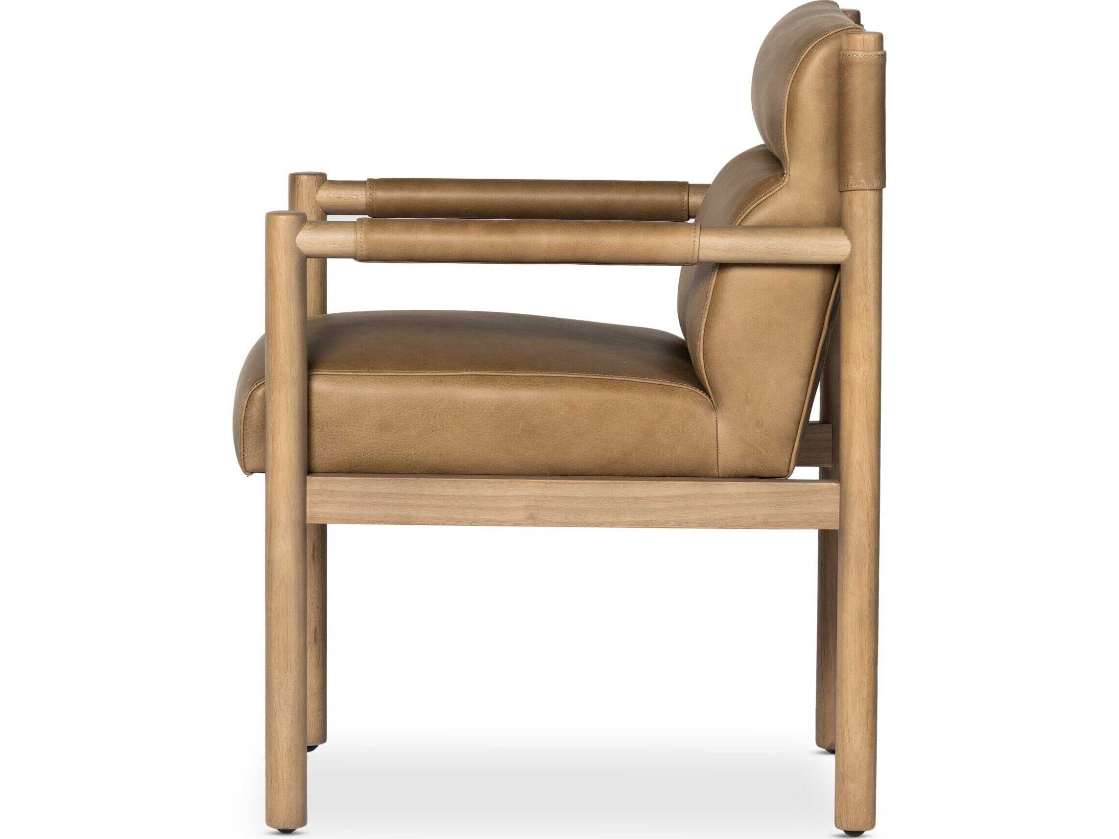 Four Hands Caswell Kiano Leather Parrawood Brown Upholstered Arm Dining Chair