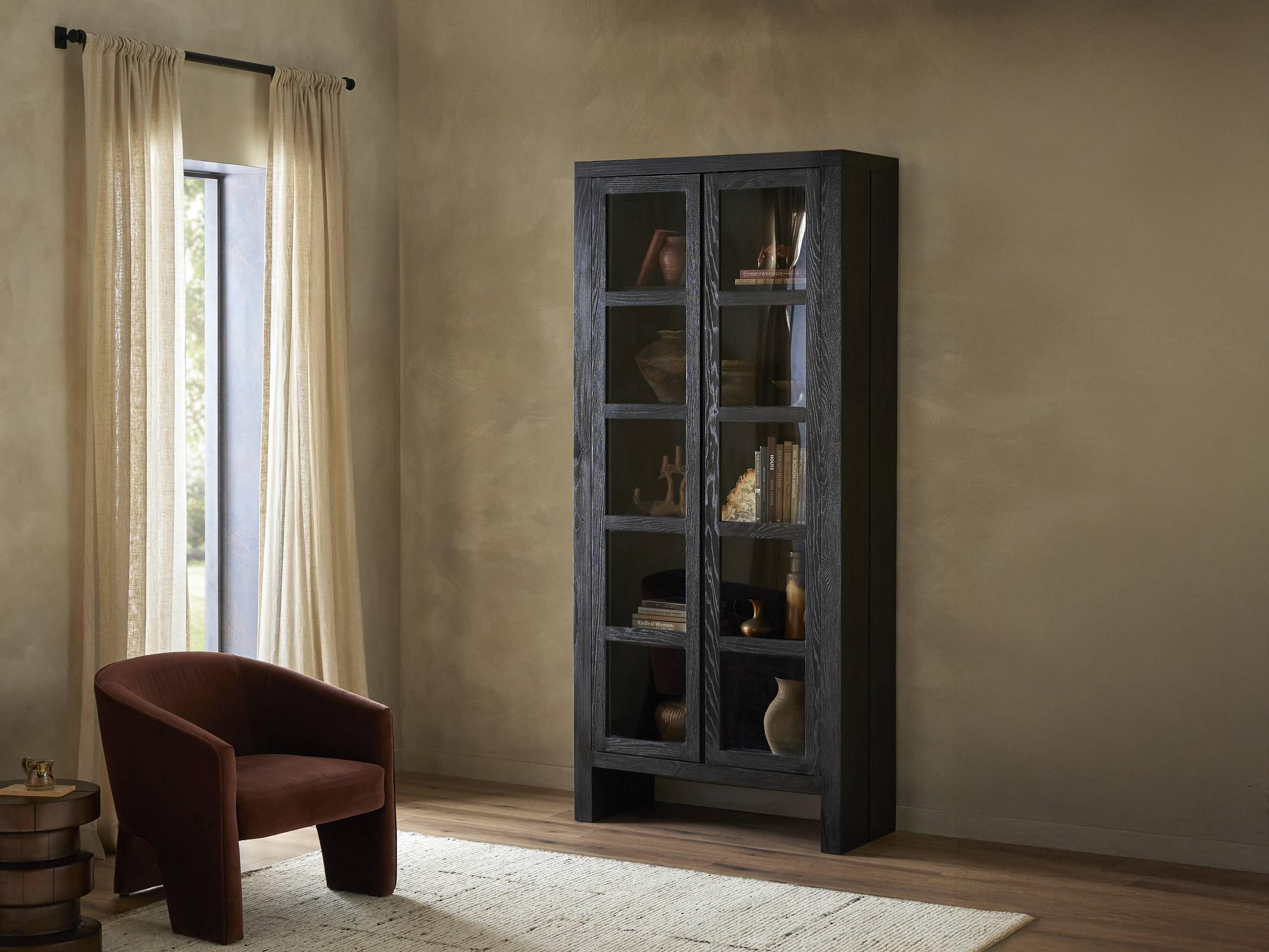 Four Hands Bennett Oak Wood Worn Black Veneer Display Cabinet