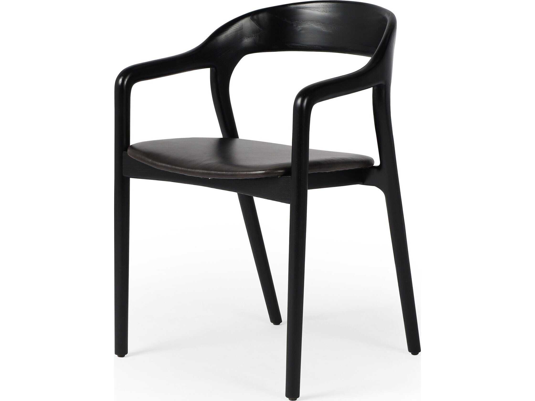 Four Hands Allston Amare Leather Ash Wood Black Upholstered Arm Dining Chair