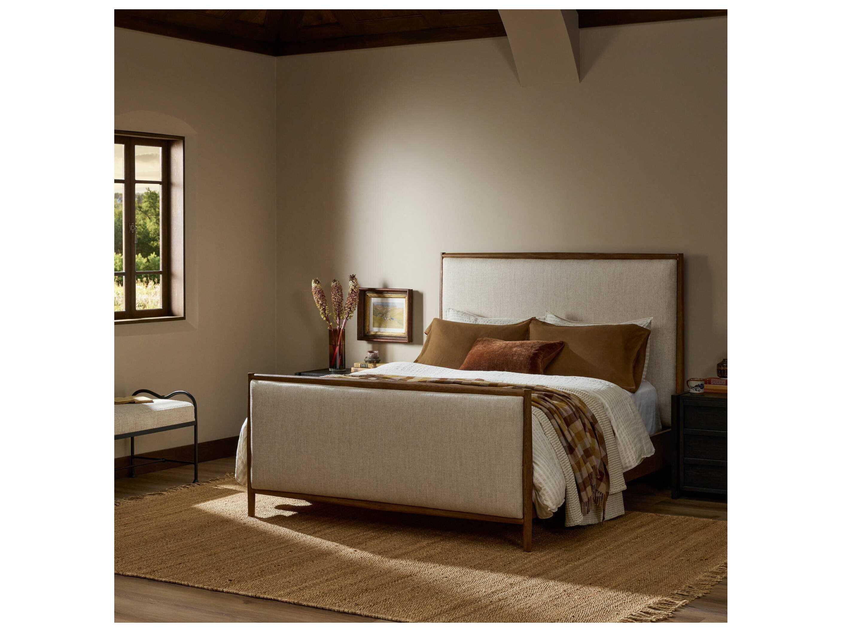 Four Hands Bolton Glenview Essence Natural Weathered Oak Beige Wood Upholstered Queen Panel Bed