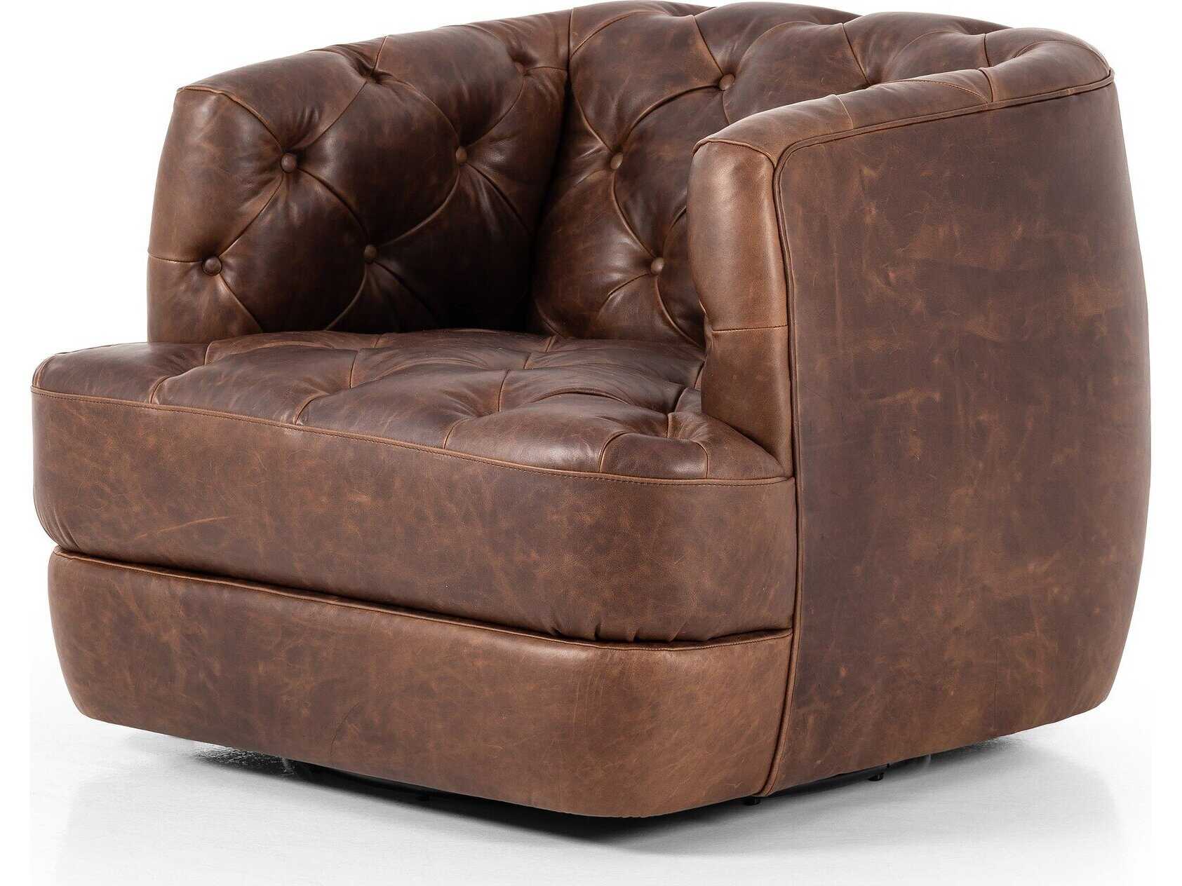 Four Hands Kensington Paul Swivel Brown Leather Accent Chair