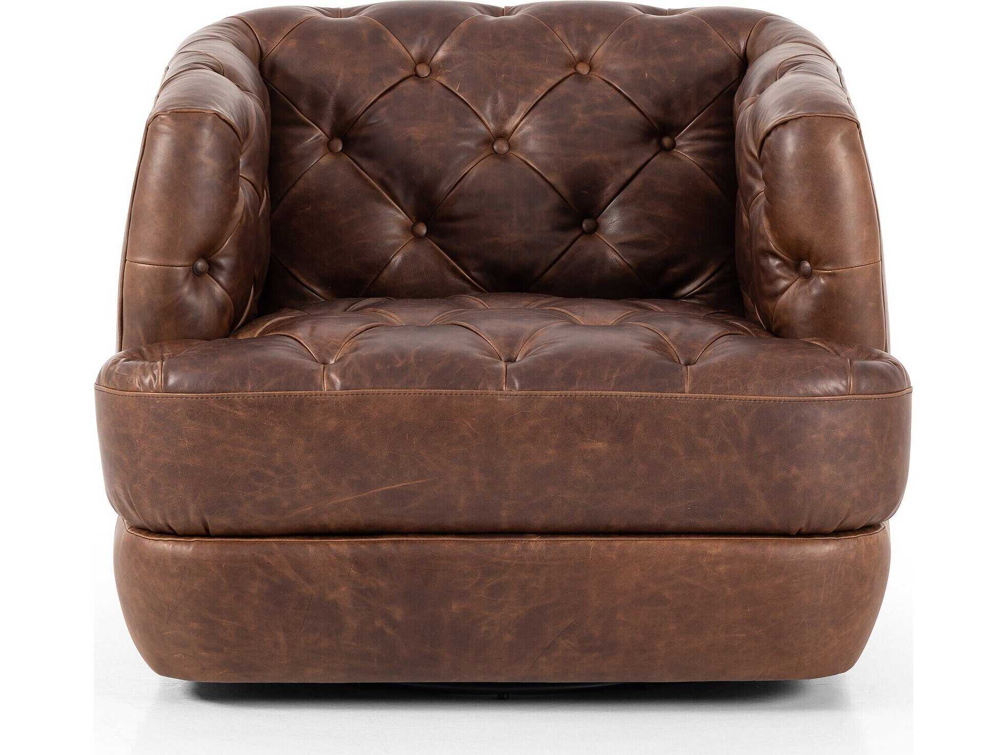 Four Hands Kensington Paul Swivel Brown Leather Accent Chair