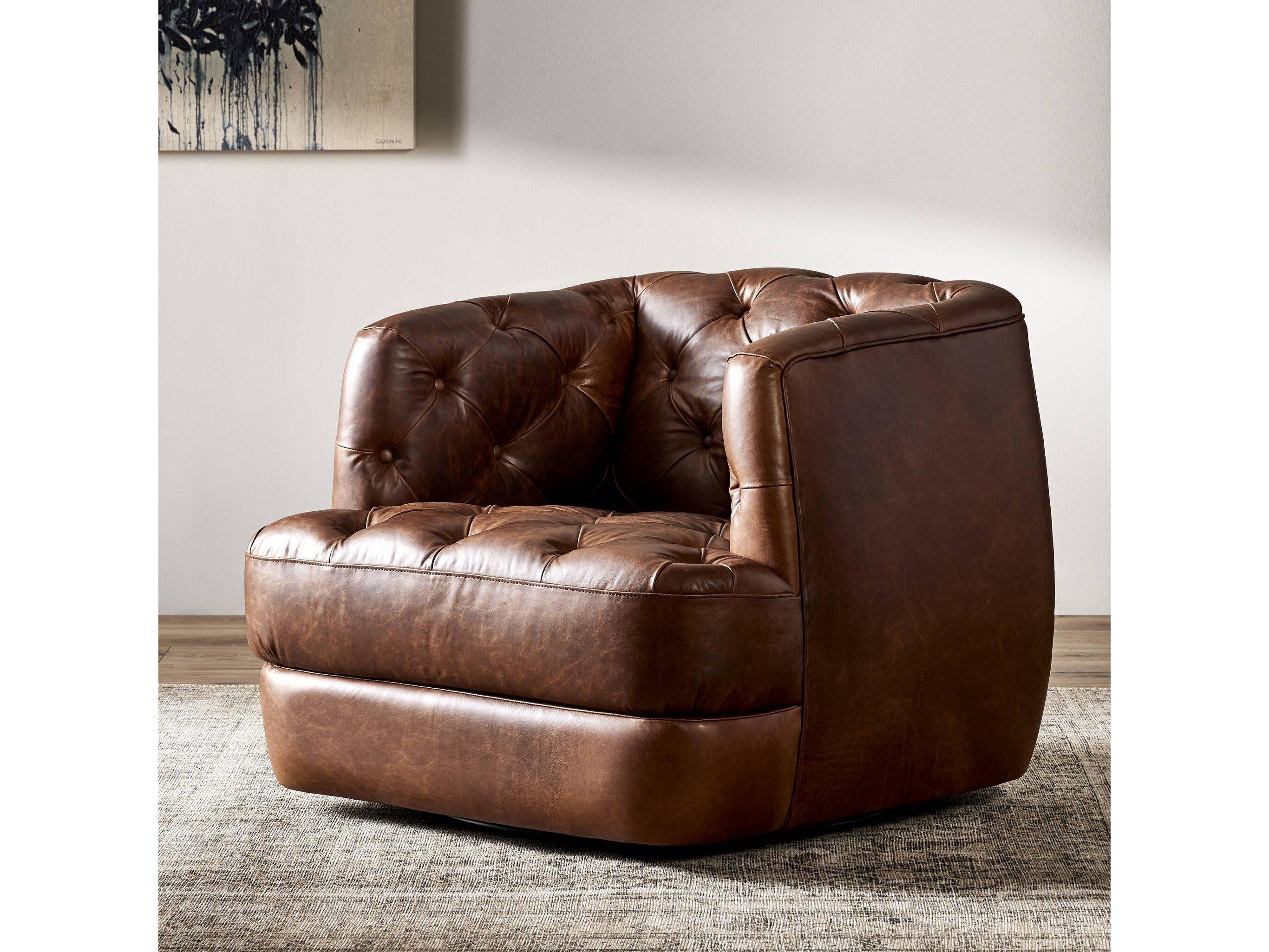 Four Hands Kensington Paul Swivel Brown Leather Accent Chair