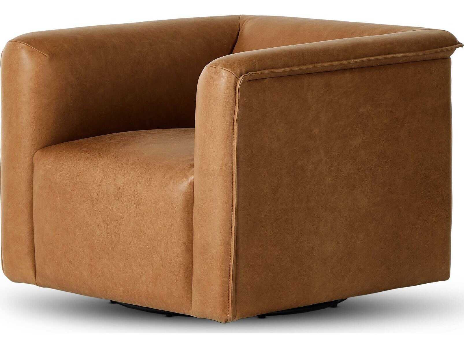 Four Hands Kensington Wellborn Swivel Brown Leather Accent Chair