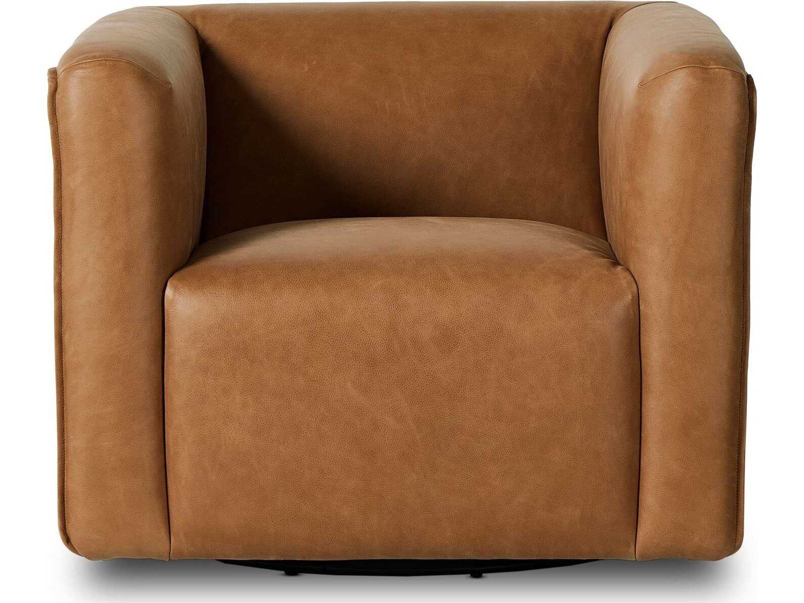 Four Hands Kensington Wellborn Swivel Brown Leather Accent Chair