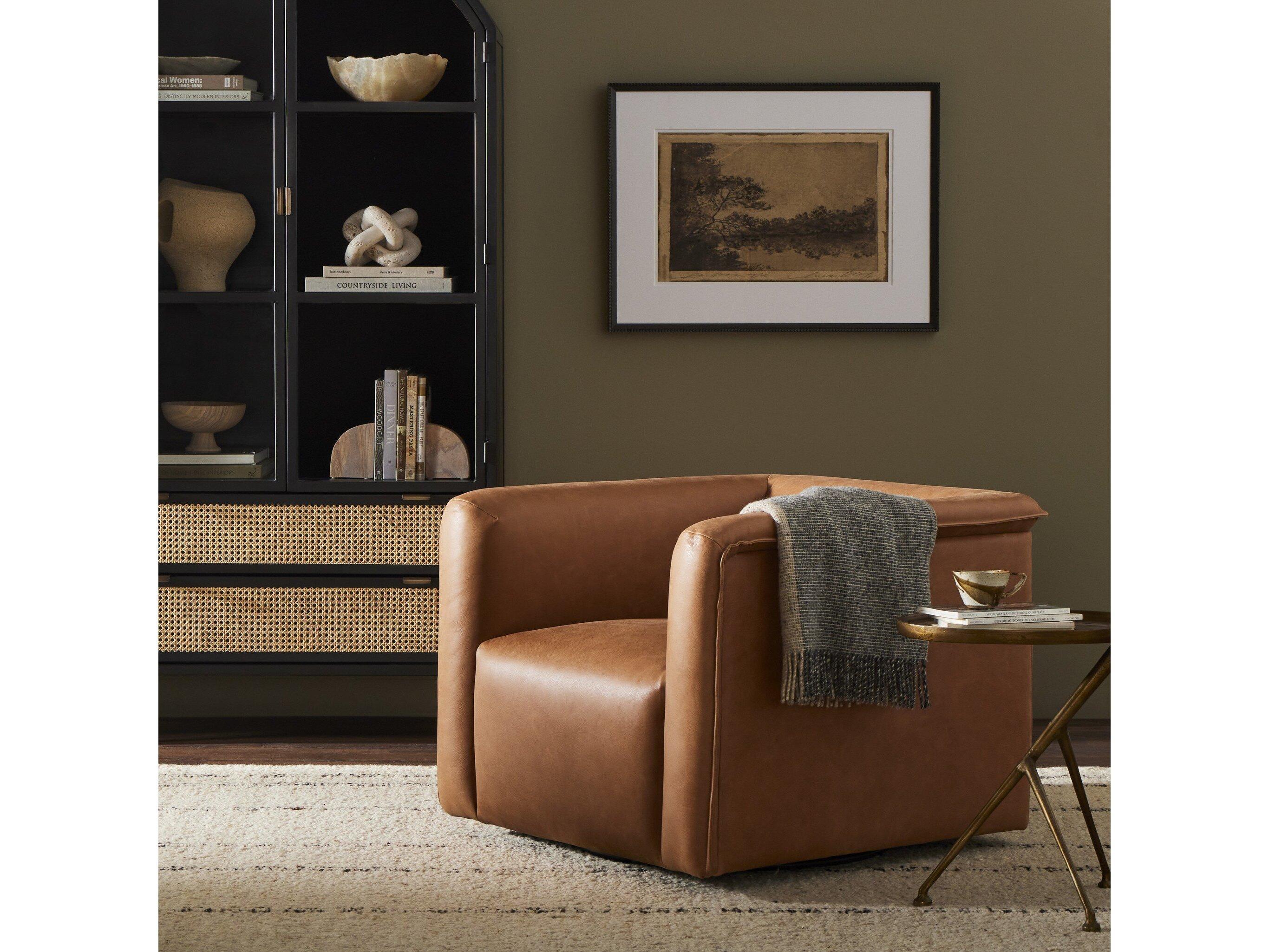 Four Hands Kensington Wellborn Swivel Brown Leather Accent Chair
