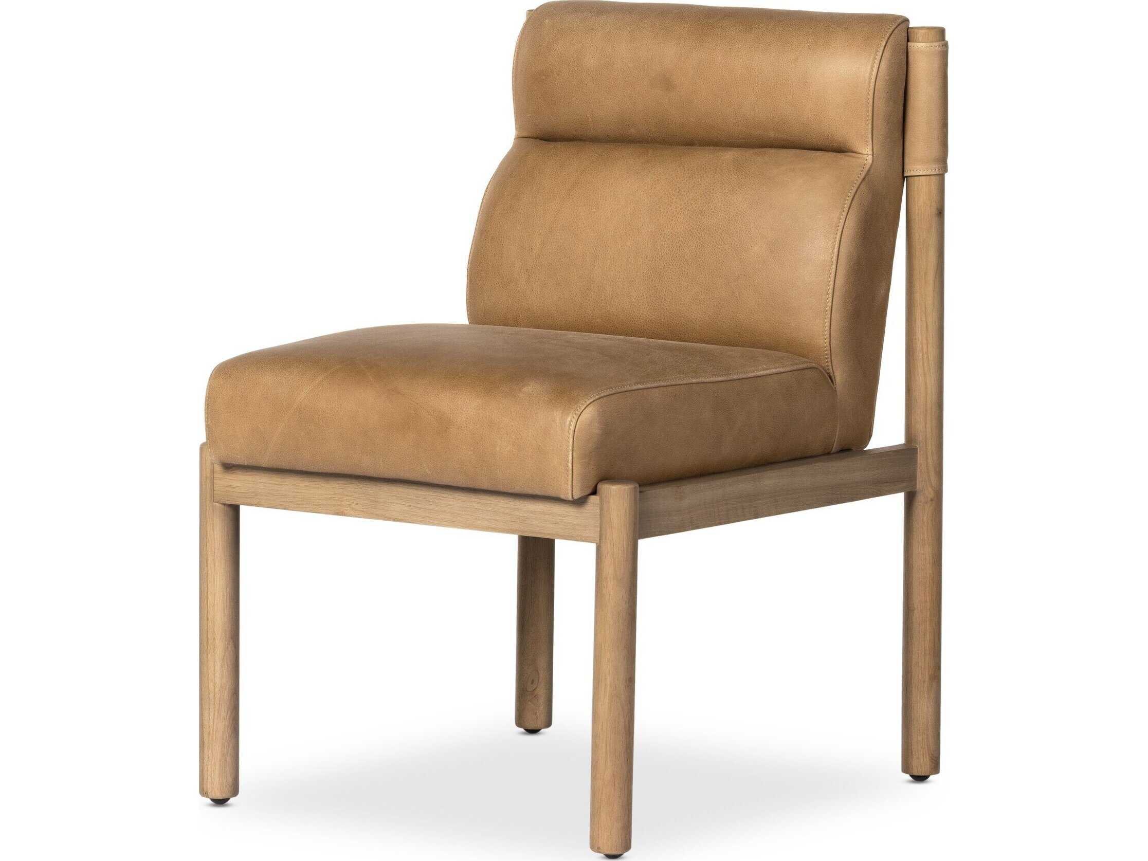 Four Hands Caswell Kiano Leather Parrawood Brown Upholstered Side Dining Chair