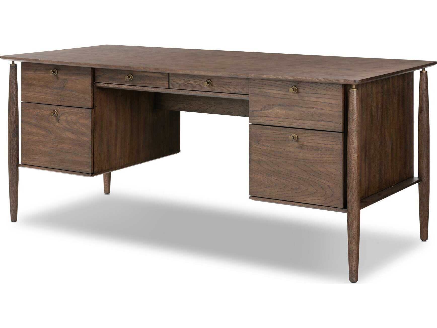 Four Hands Haiden Aged Oak Veneer Rubbed Bronze Brown Wood Executive Desk