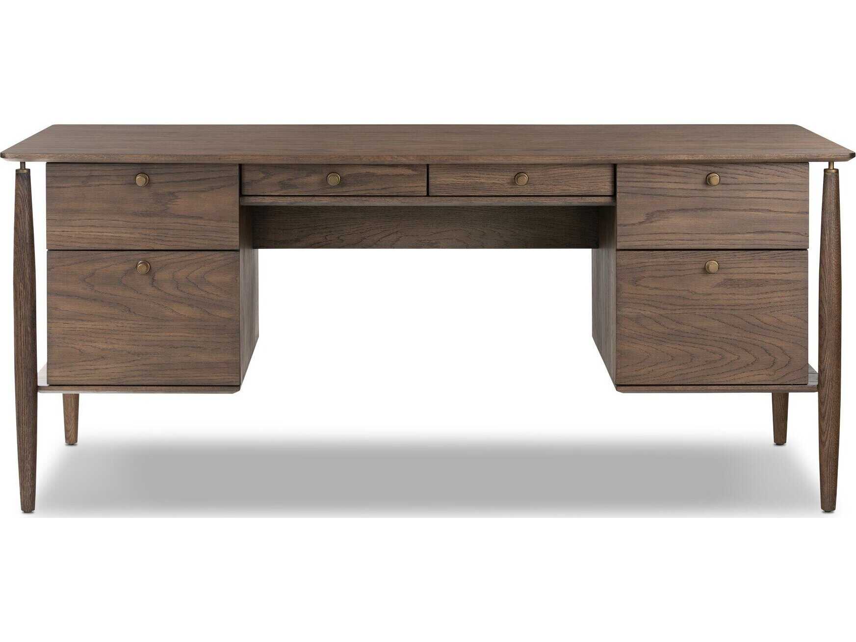 Four Hands Haiden Aged Oak Veneer Rubbed Bronze Brown Wood Executive Desk