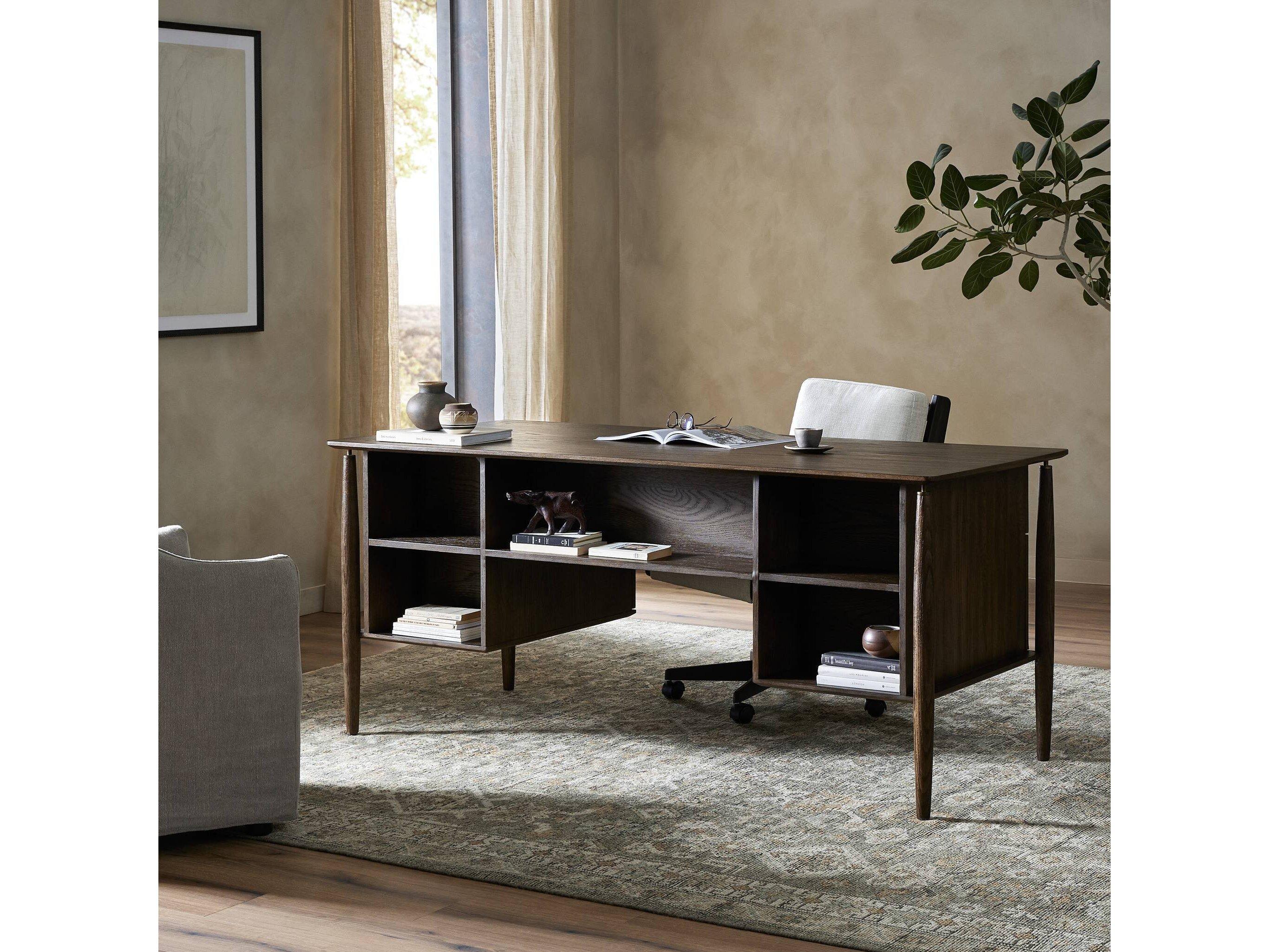 Four Hands Haiden Aged Oak Veneer Rubbed Bronze Brown Wood Executive Desk