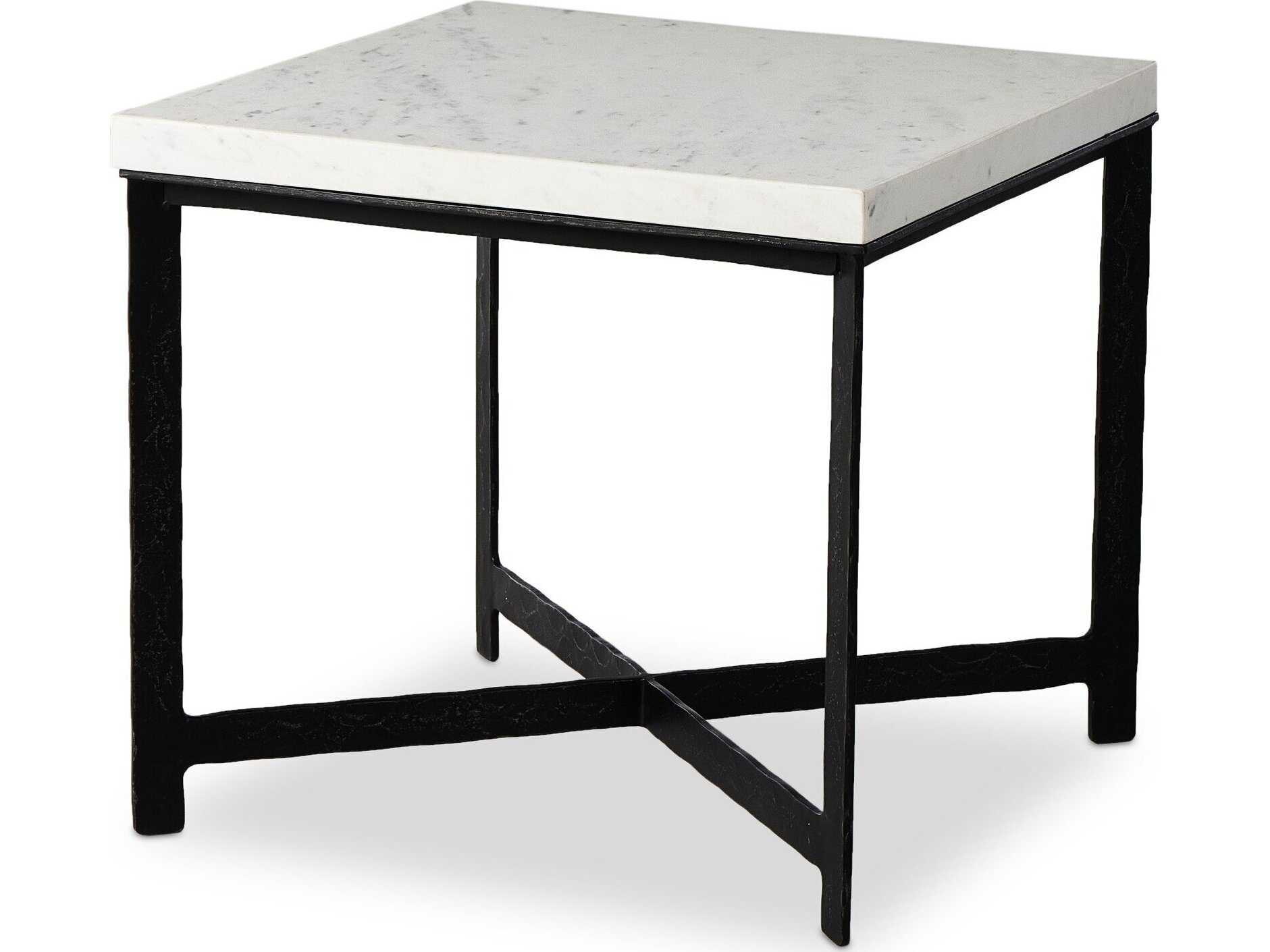 Four Hands Element Square White Marble Hammered Black Iron End Table