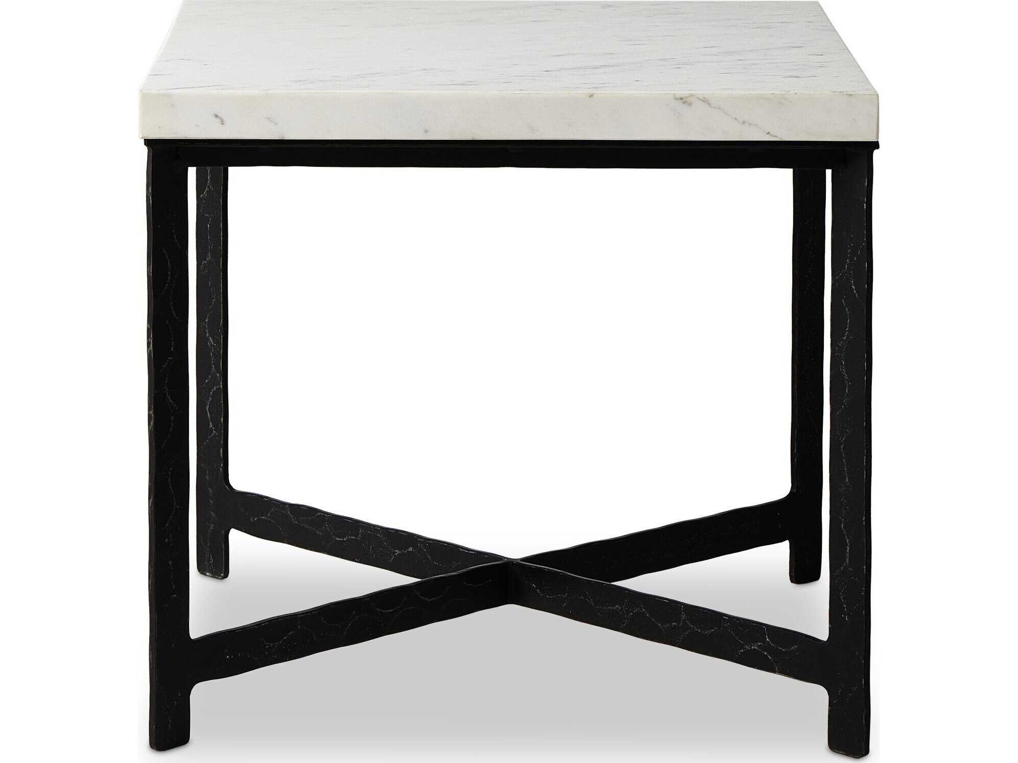 Four Hands Element Square White Marble Hammered Black Iron End Table