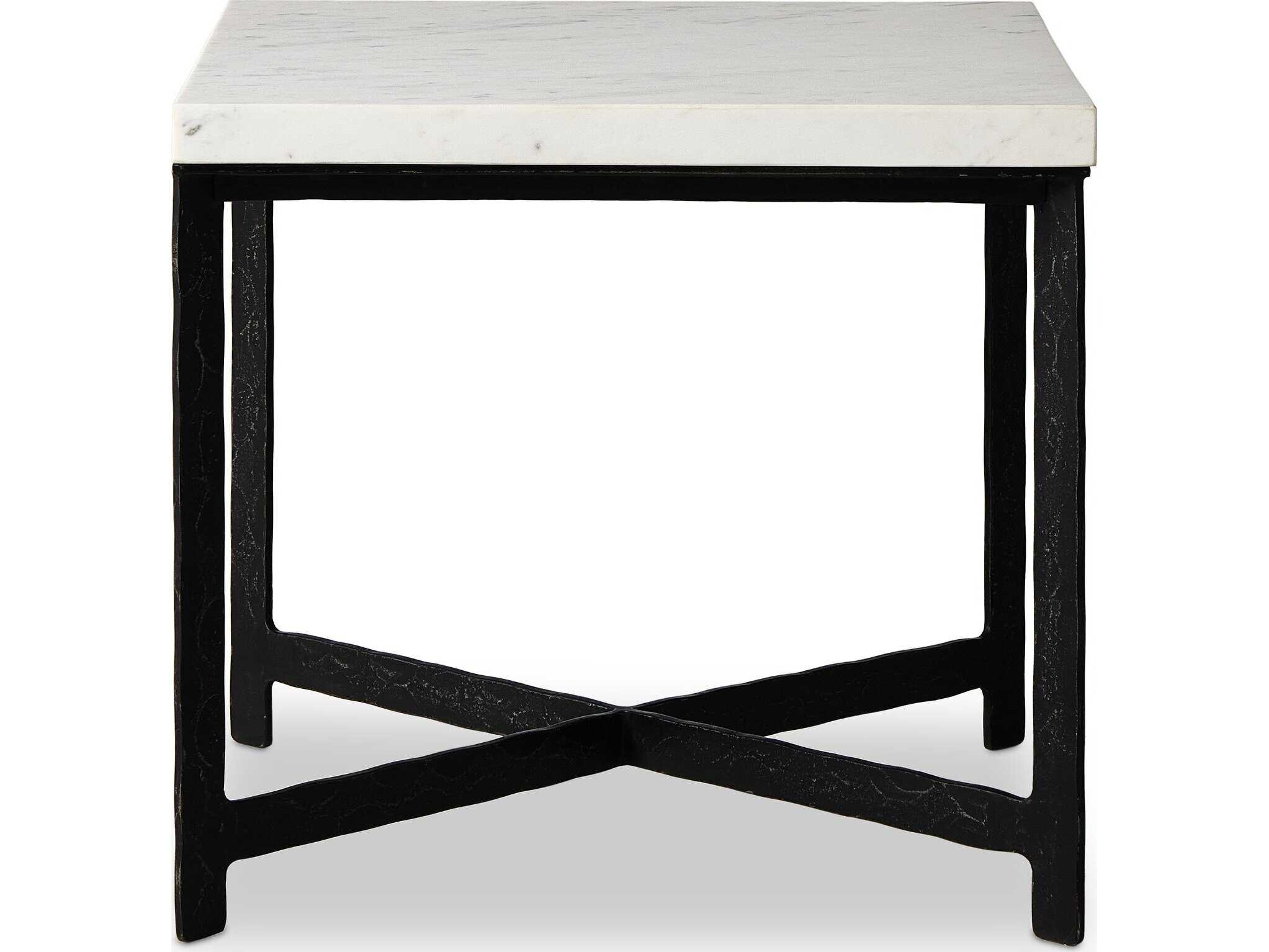 Four Hands Element Square White Marble Hammered Black Iron End Table