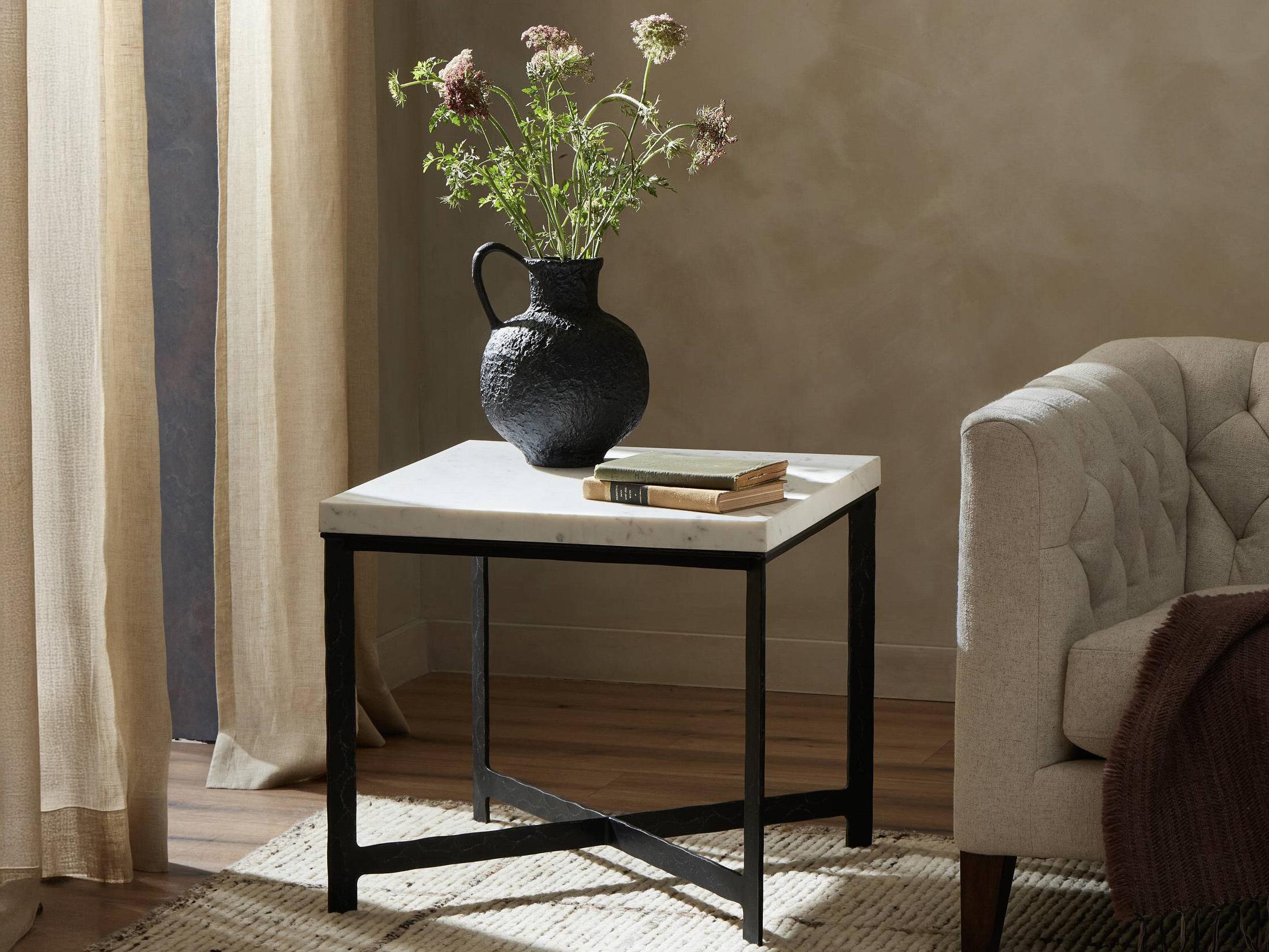 Four Hands Element Square White Marble Hammered Black Iron End Table