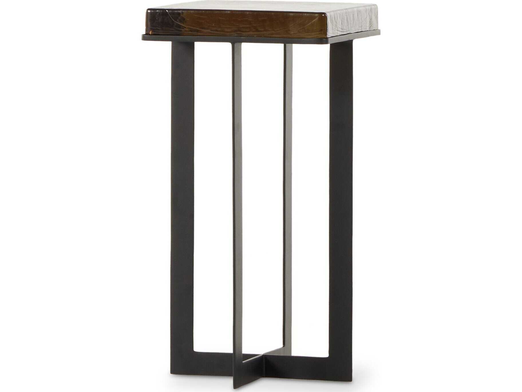 Four Hands Marlow Giselle Square Iron Matte Black Amber Cast Glass End Table